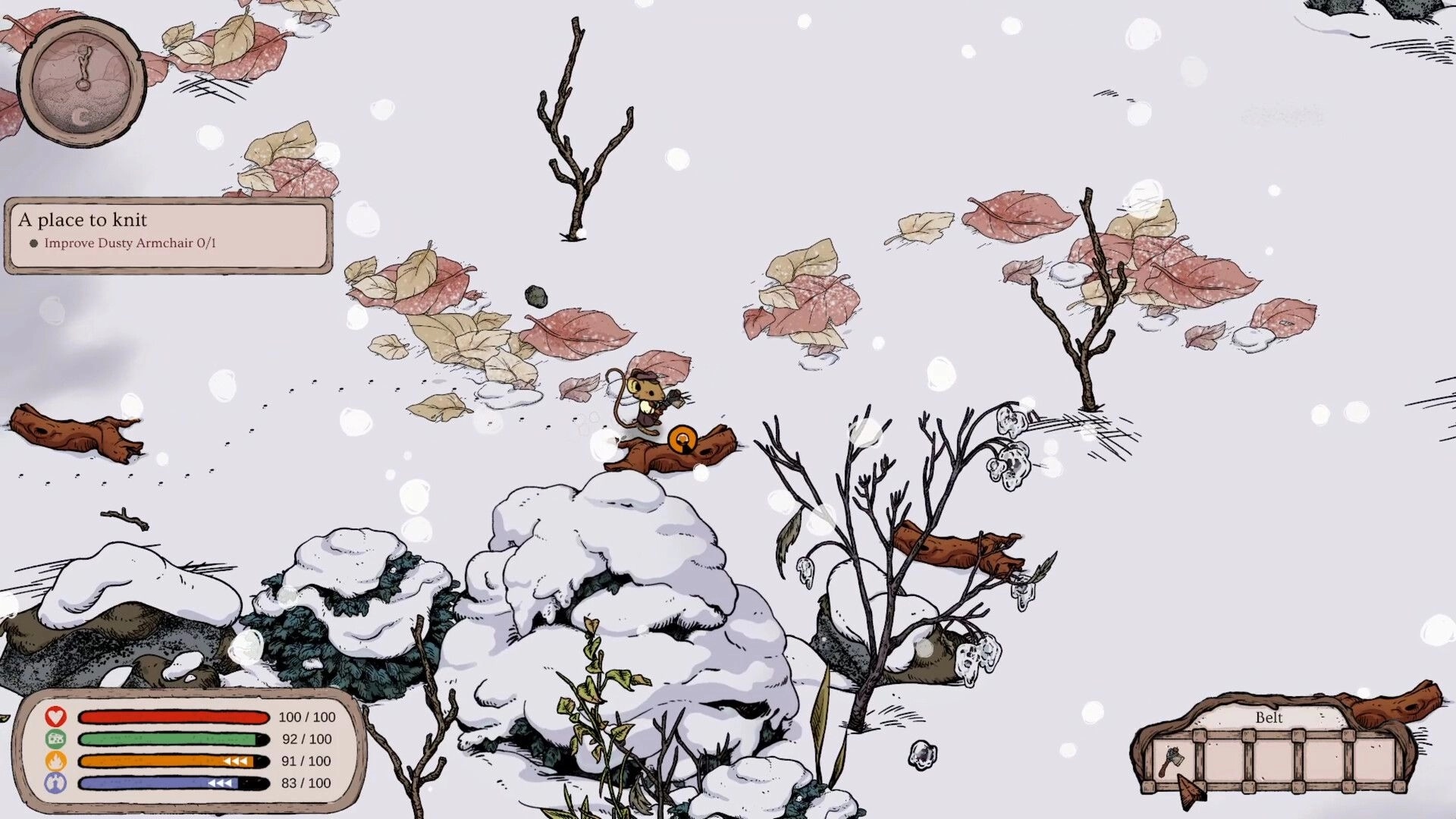Winter Burrow: Mouse character explores snowy woodland with health and inventory UI visible.