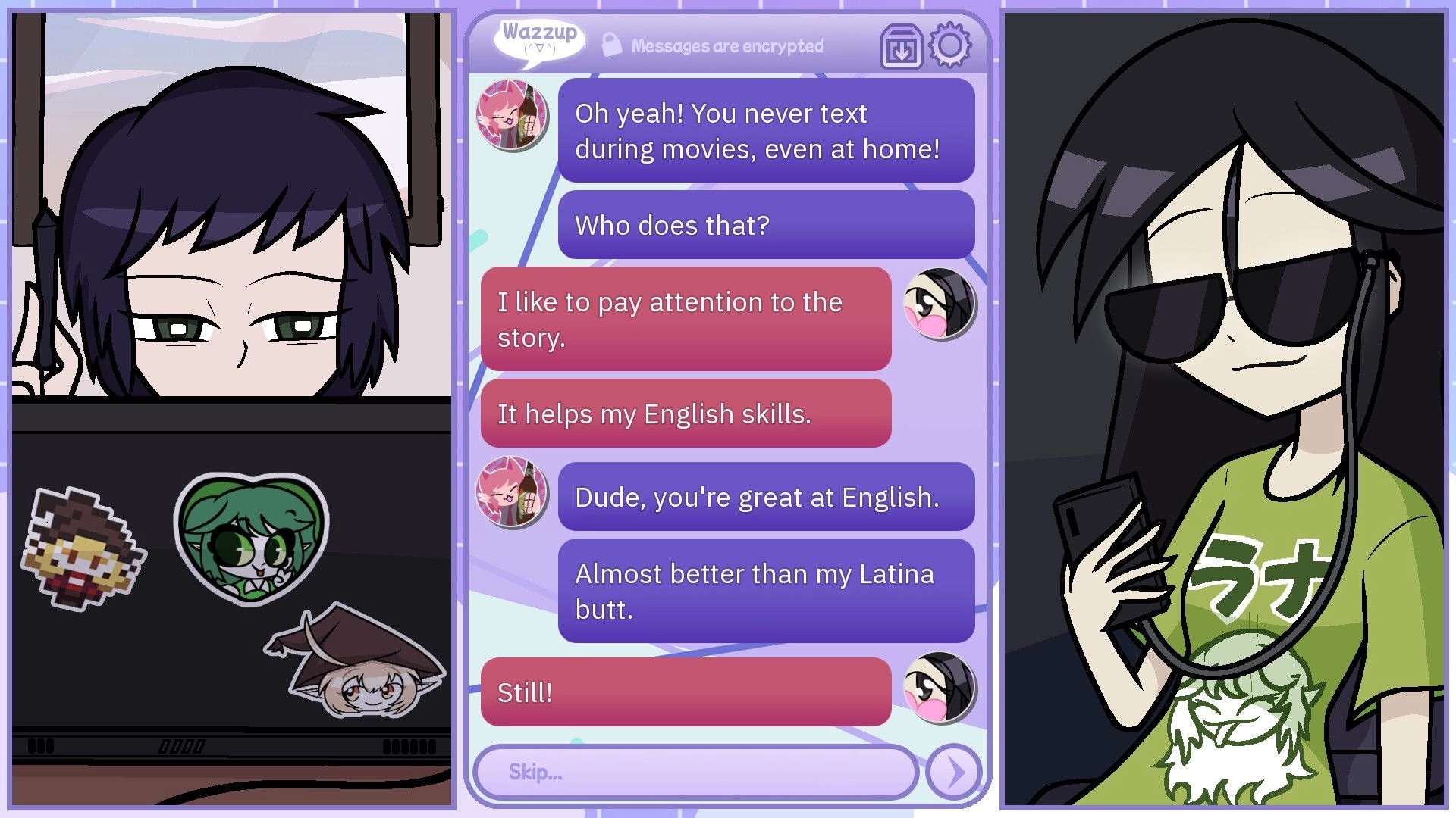 Winter Heat: Javi and Shio chat on Wazzup app, Javi on laptop, Shio on phone, discussing movies.