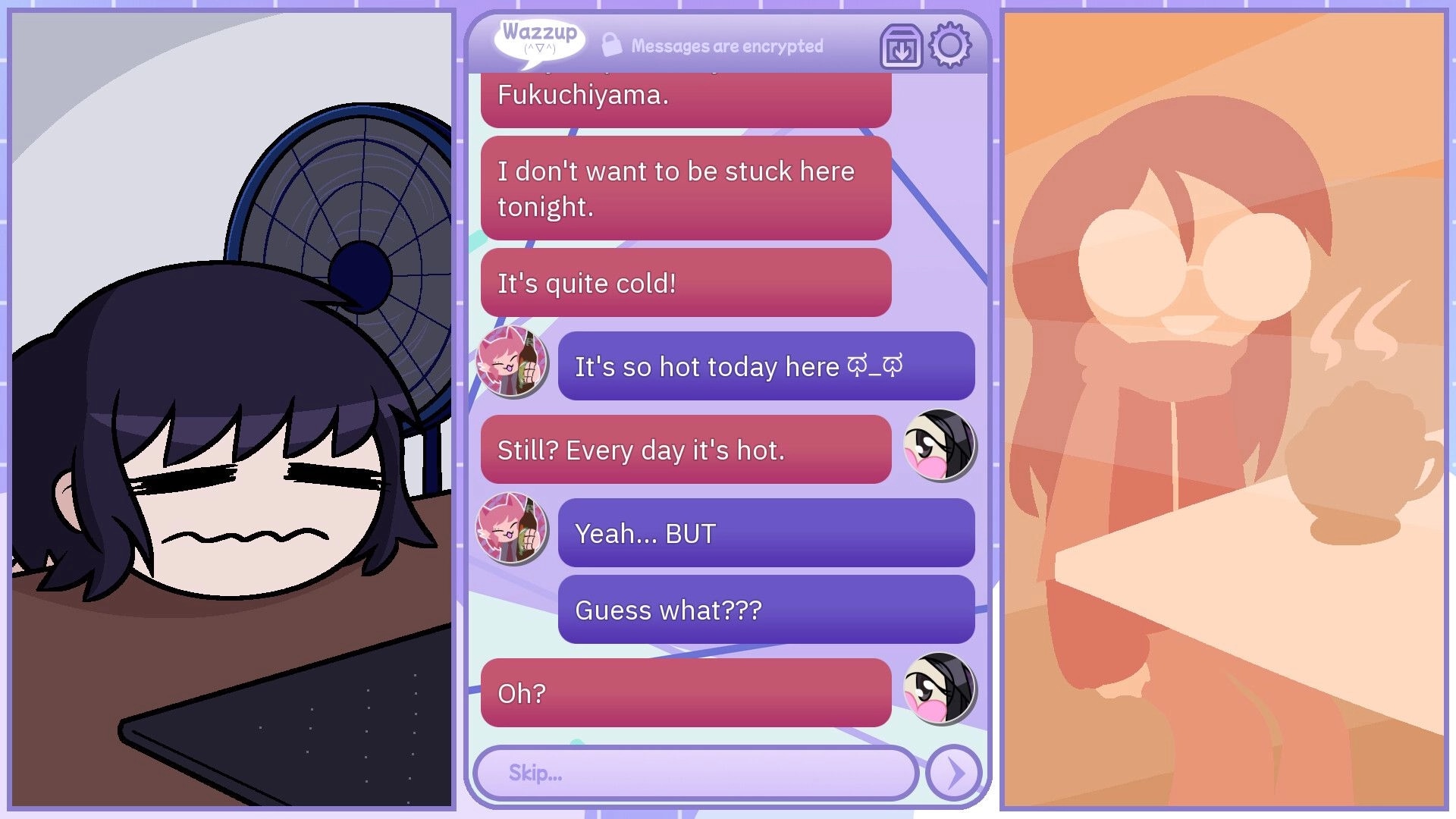 Winter Heat: Javi chats with Shio on Wazzup app, showing contrasting weather between Santiago and Kyoto.