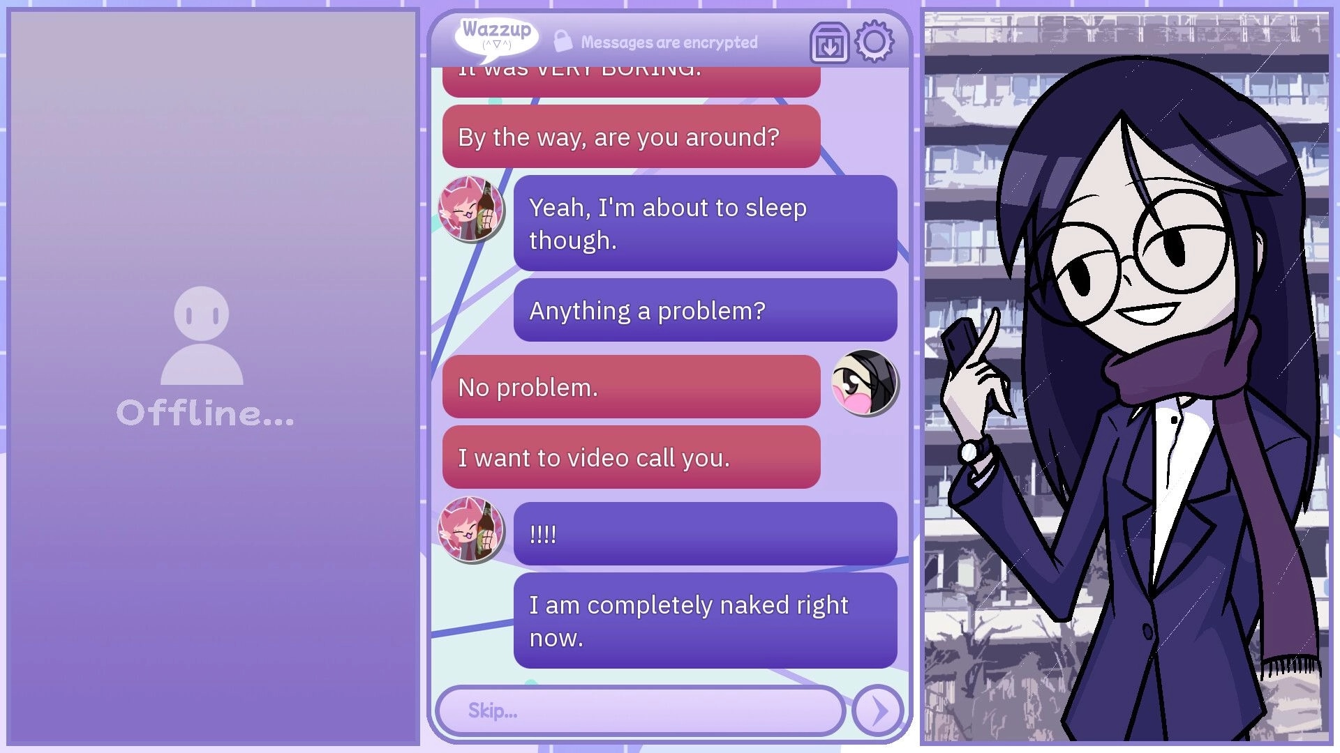 Winter Heat: Shio texting Javi on Wazzup app, holding phone in snowy cityscape background.