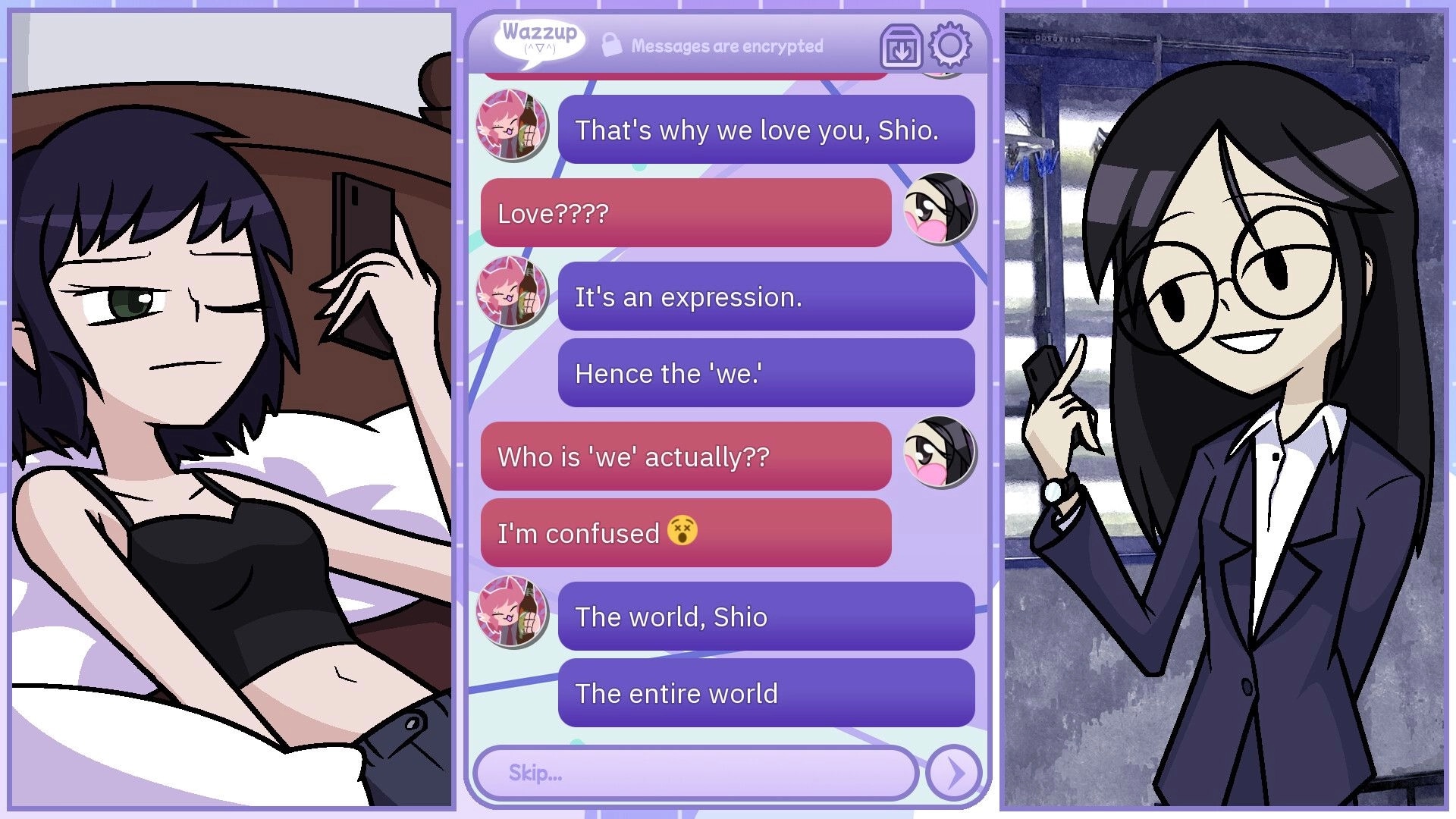 Winter Heat: Shio and Javi chat on Wazzup app, split-screen with Shio in bed and Javi in snowy Kyoto.