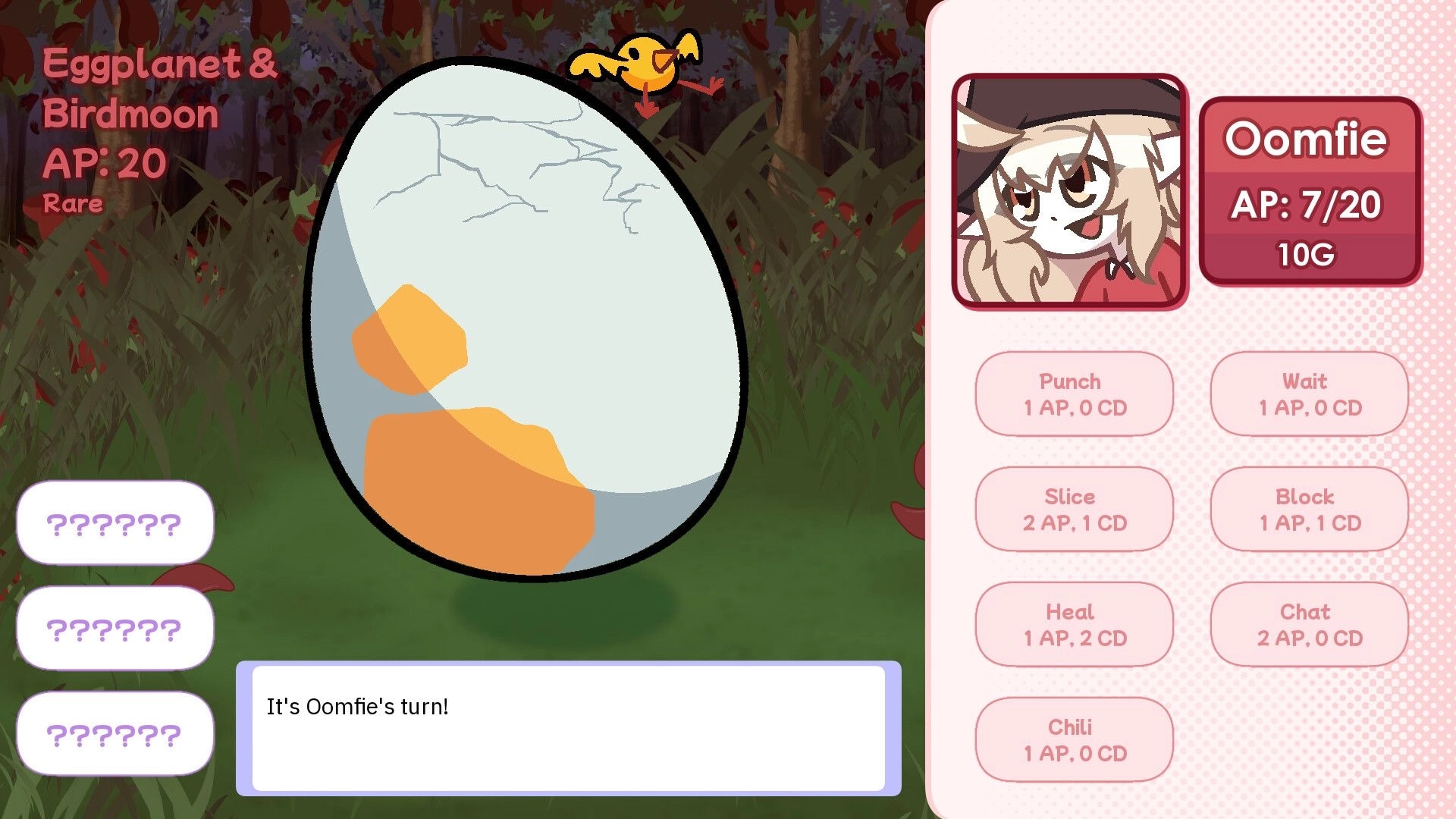 Winter Heat: Oomfie's turn in forest battle scene with cracked egg and action menu displayed