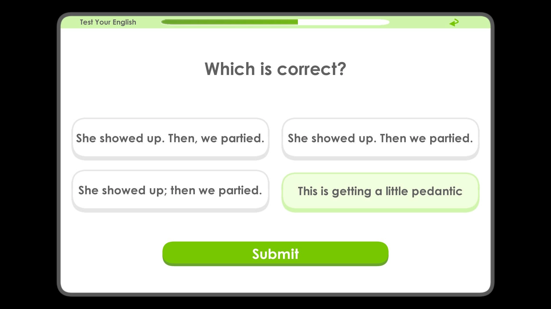 Winter Heat: Language quiz with four sentence options and submit button on a digital interface