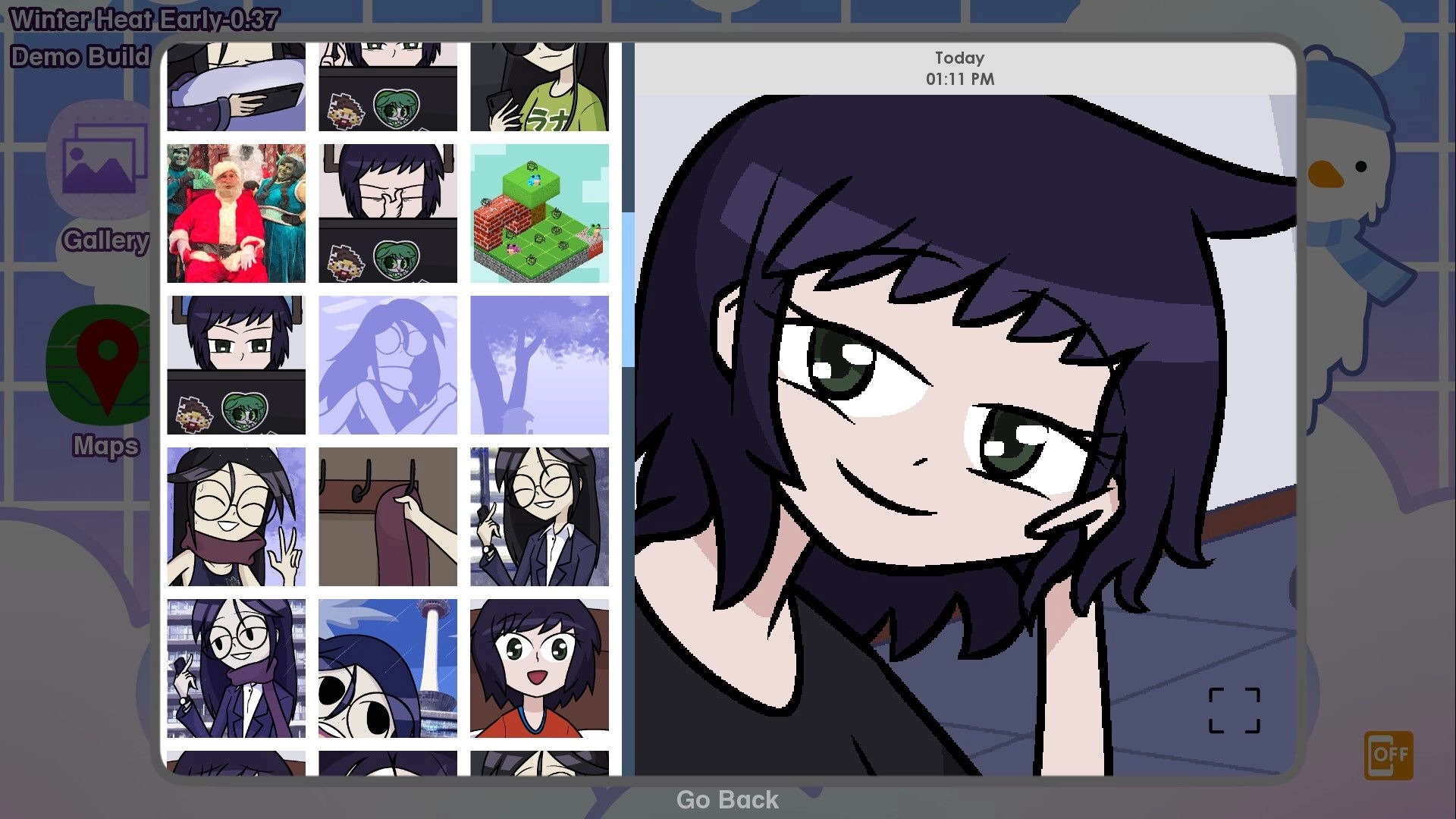 Winter Heat: Shio smiling during a video call, gallery showing various images and icons on the left
