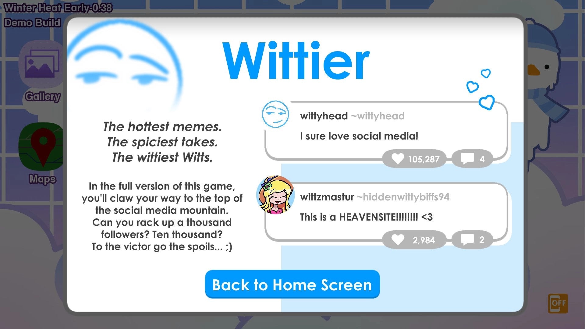 Winter Heat: Social media screen with user comments and follower counts in bright, snowy interface