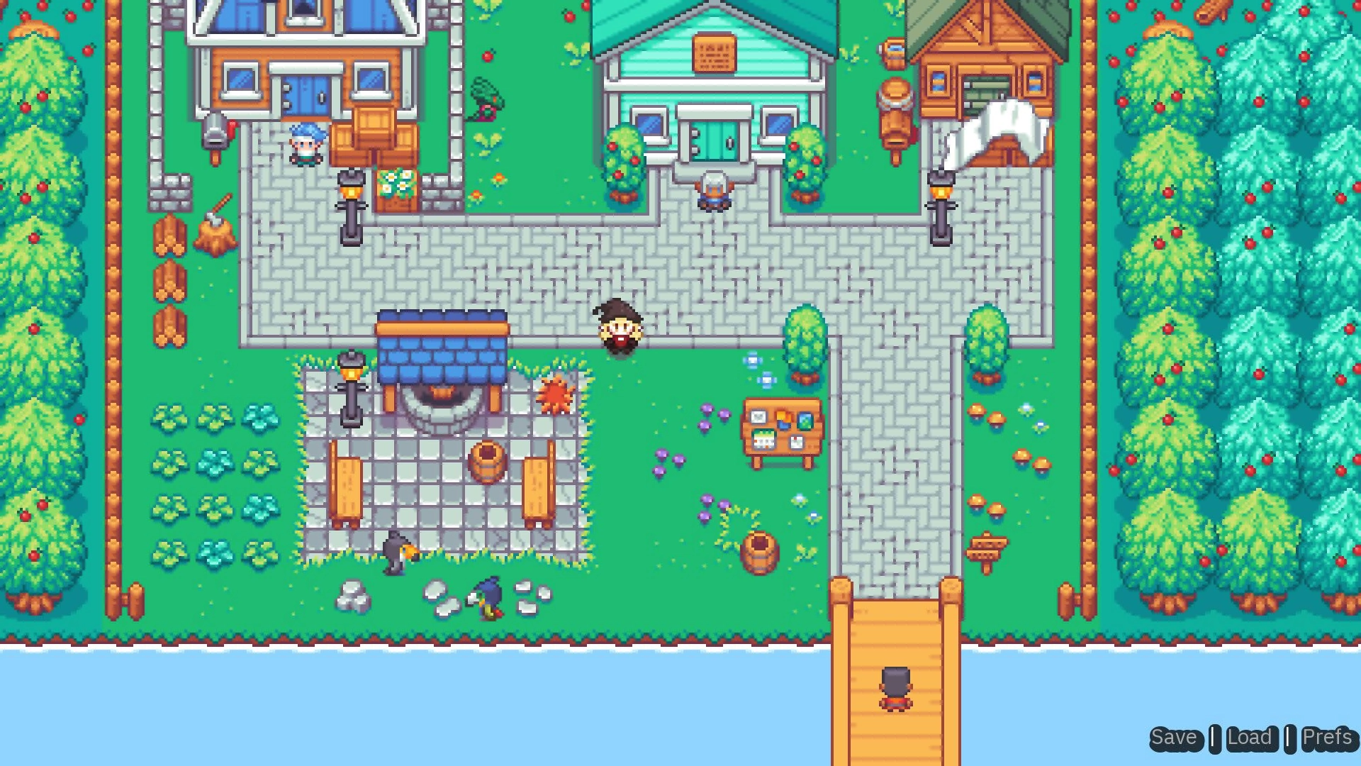 Winter Heat: Overhead view of town square with characters near houses and trees, dock visible below.