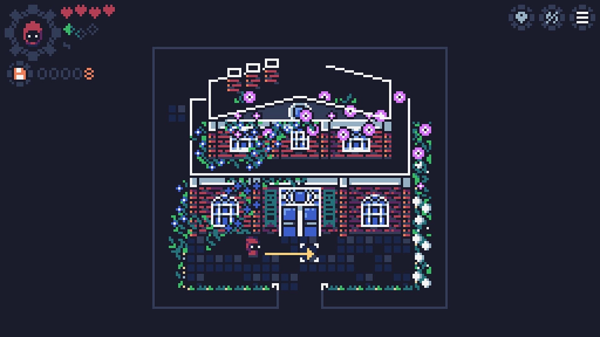 Wirelight: Player aims a dash arrow at blue double doors on a vine-covered brick house courtyard.