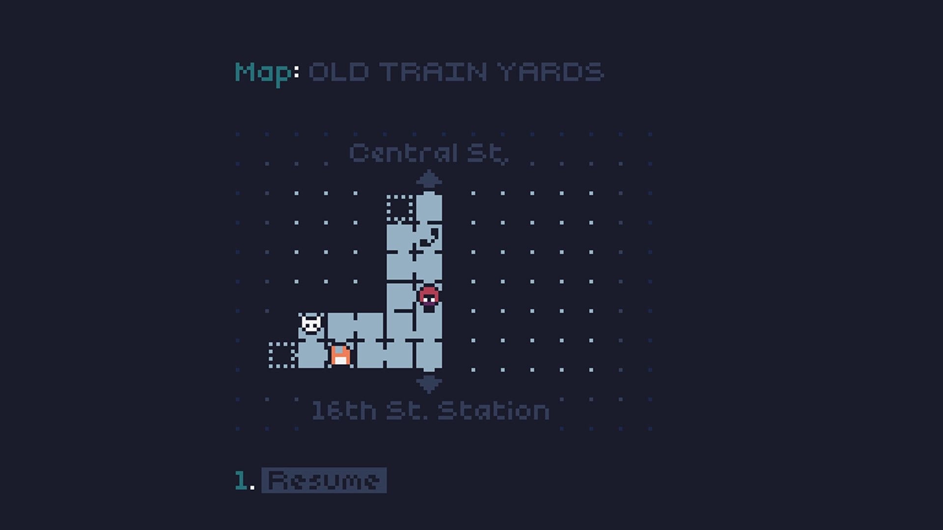 Wirelight: Map screen for Old Train Yards with explored rooms and Resume option on grid background.