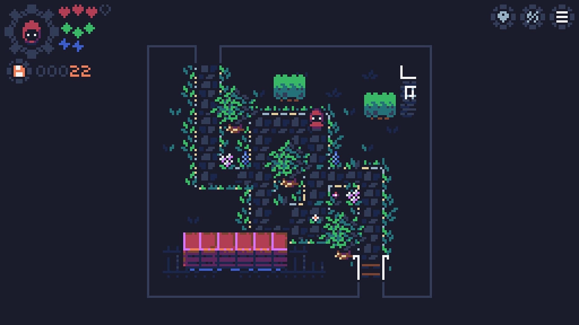 Wirelight: Red-hooded hero explores vine-covered ruins with hearts UI and a train car below.