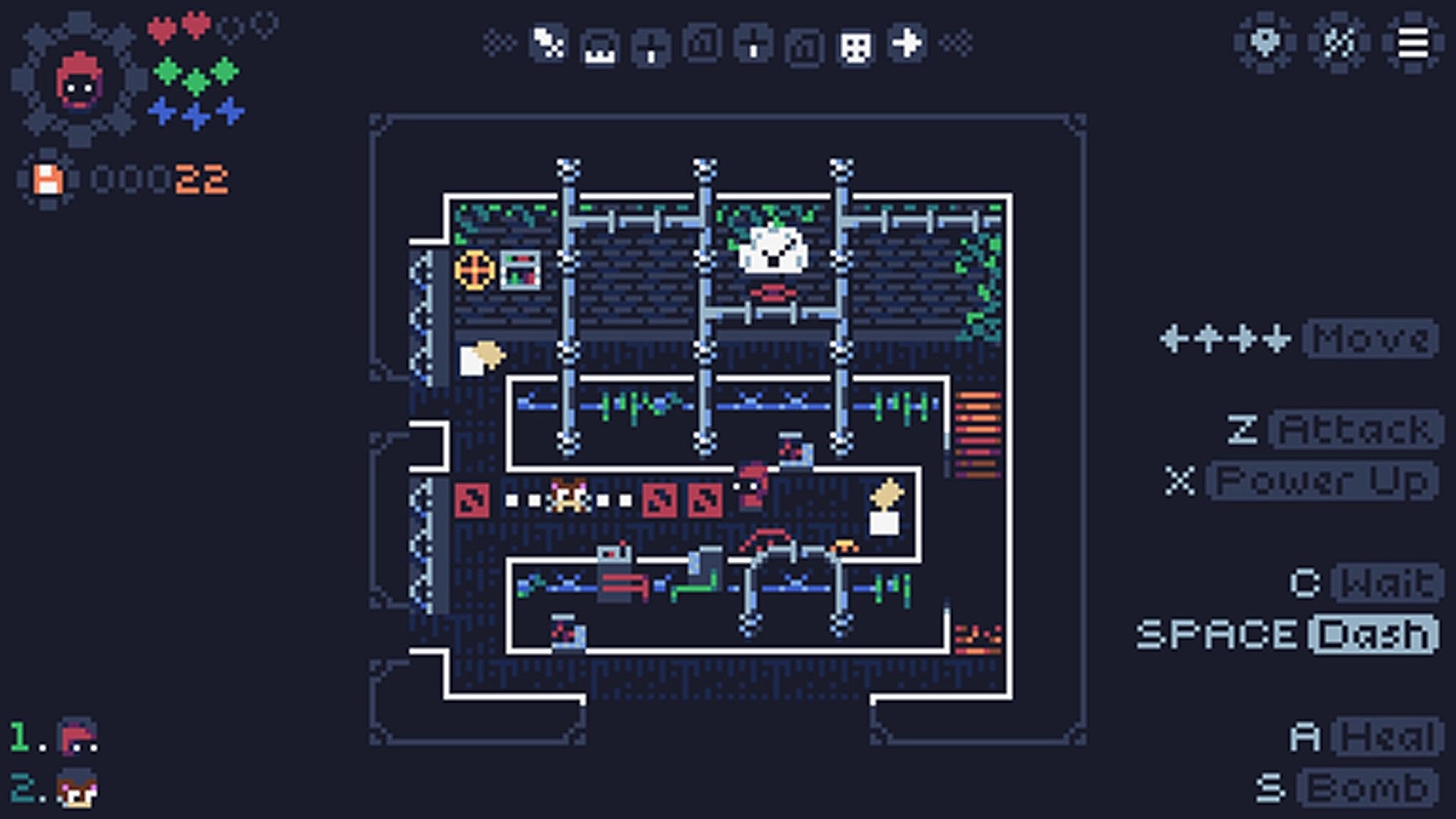 Wirelight: Turn-based dungeon room with pipes and enemies, UI shows move/attack/dash controls.