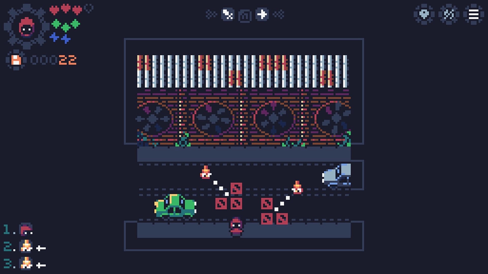 Wirelight: Turn-based battle with a red hero and block obstacles on a dark industrial grid map.