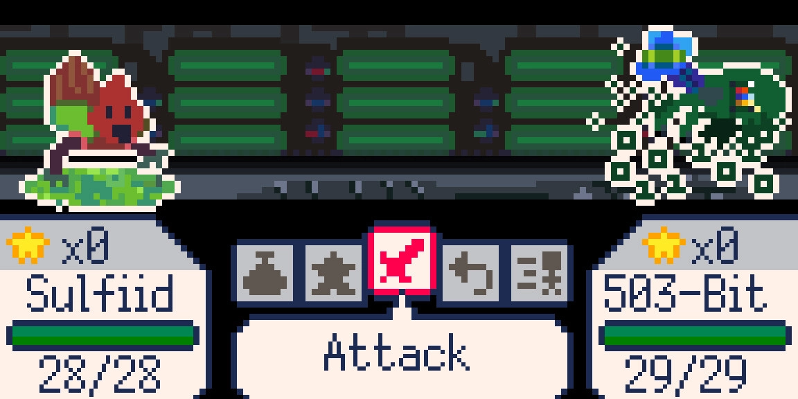 Wish Creatures: Turn-based battle with Sulfiid versus 503-Bit in a pixelated sci-fi setting