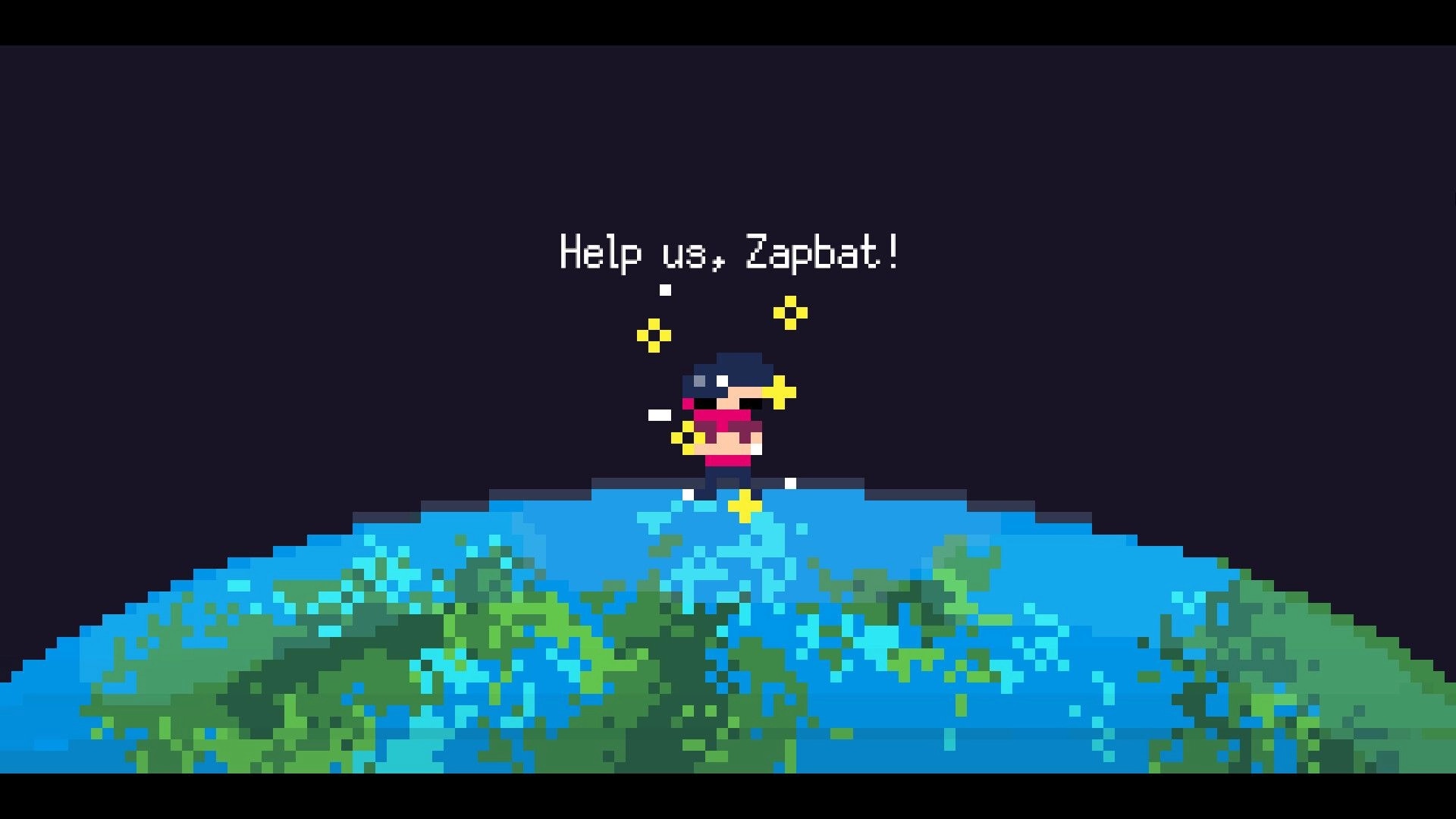 Wish Creatures: Zapbat stands on pixelated Earth, surrounded by stars, with text "Help us, Zapbat!"