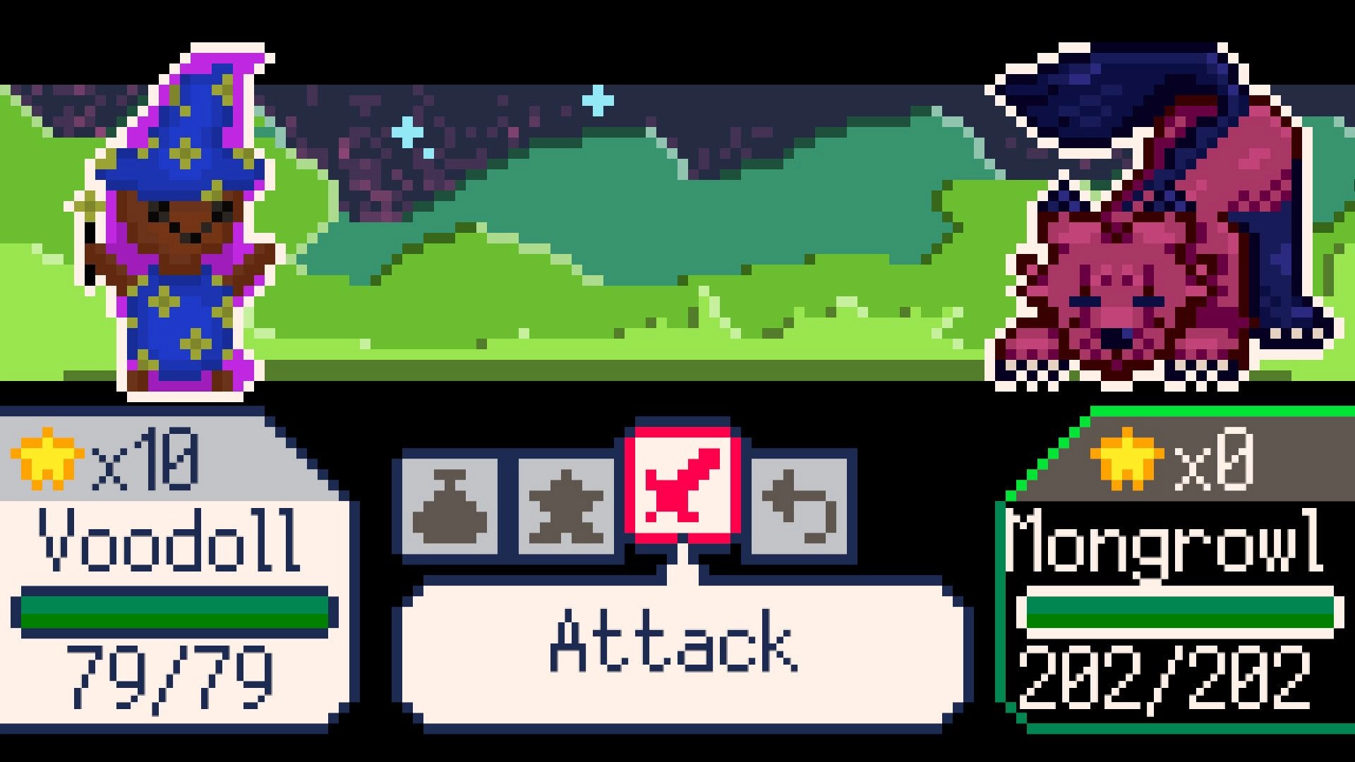 Wish Creatures: Voodoll and Mongrowl in turn-based battle with attack option highlighted
