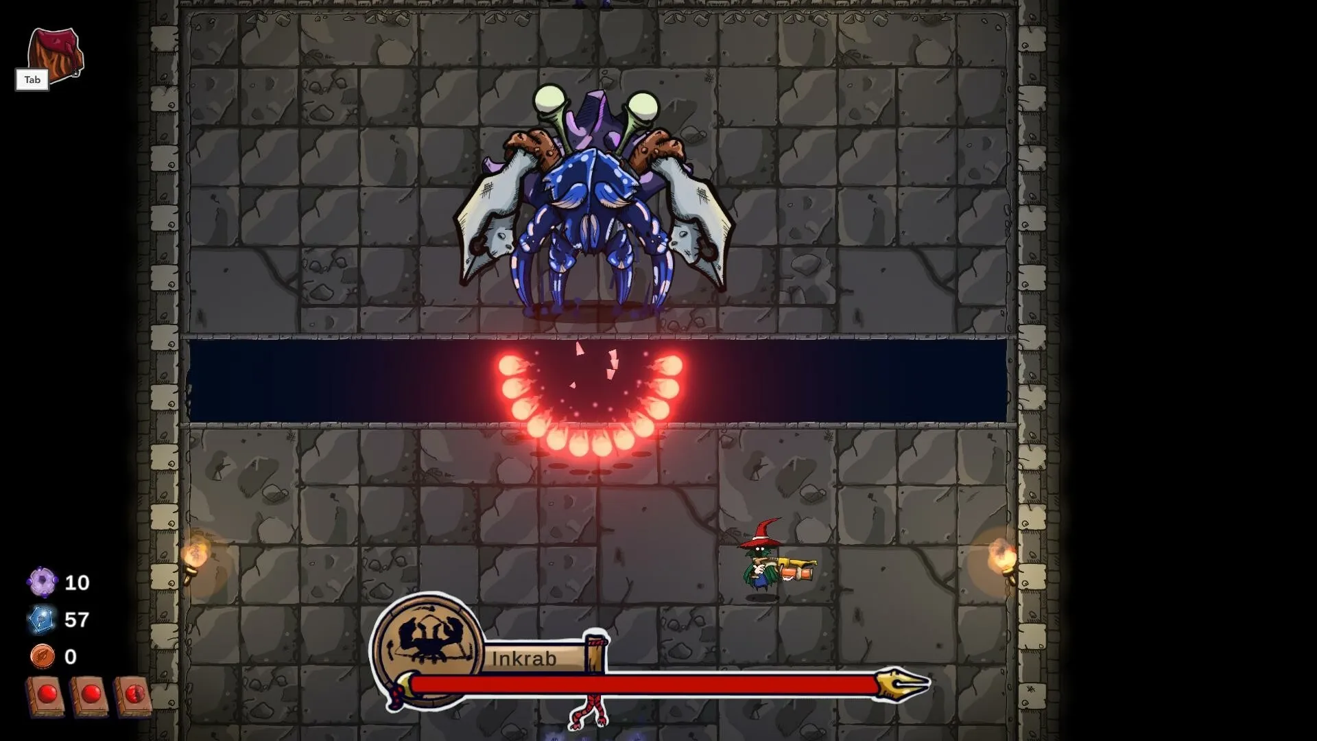 Wish Me Well: Inkraab boss battle in stone dungeon with health bar and player casting spells