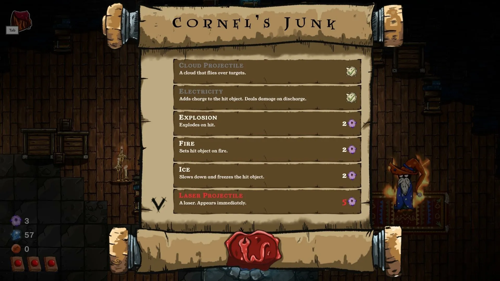 Wish Me Well: Inventory menu listing various magic projectiles in a wooden dungeon setting