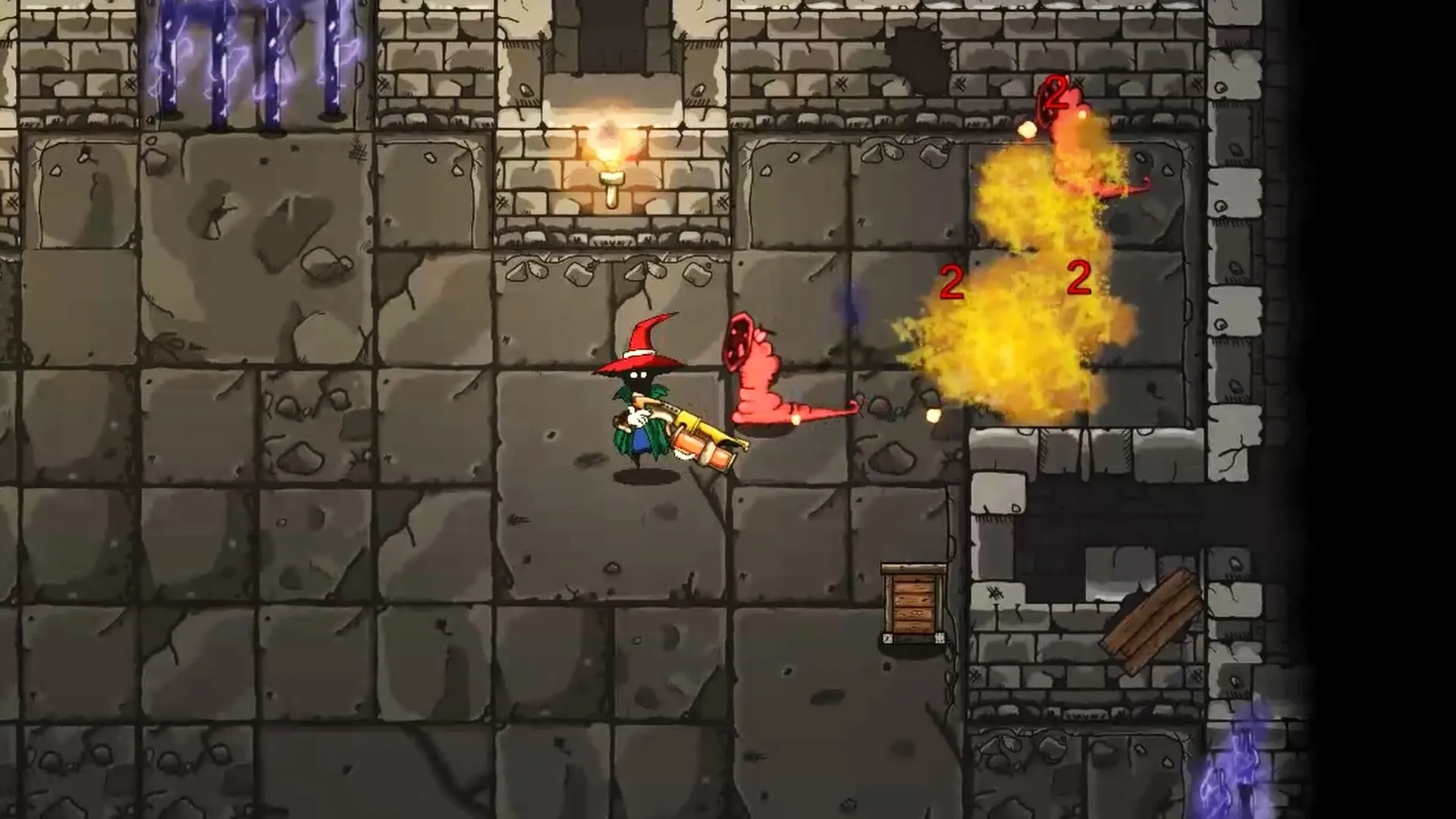 Wish Me Well: Wizard character battles fiery monster in stone dungeon with spell effects and damage numbers.