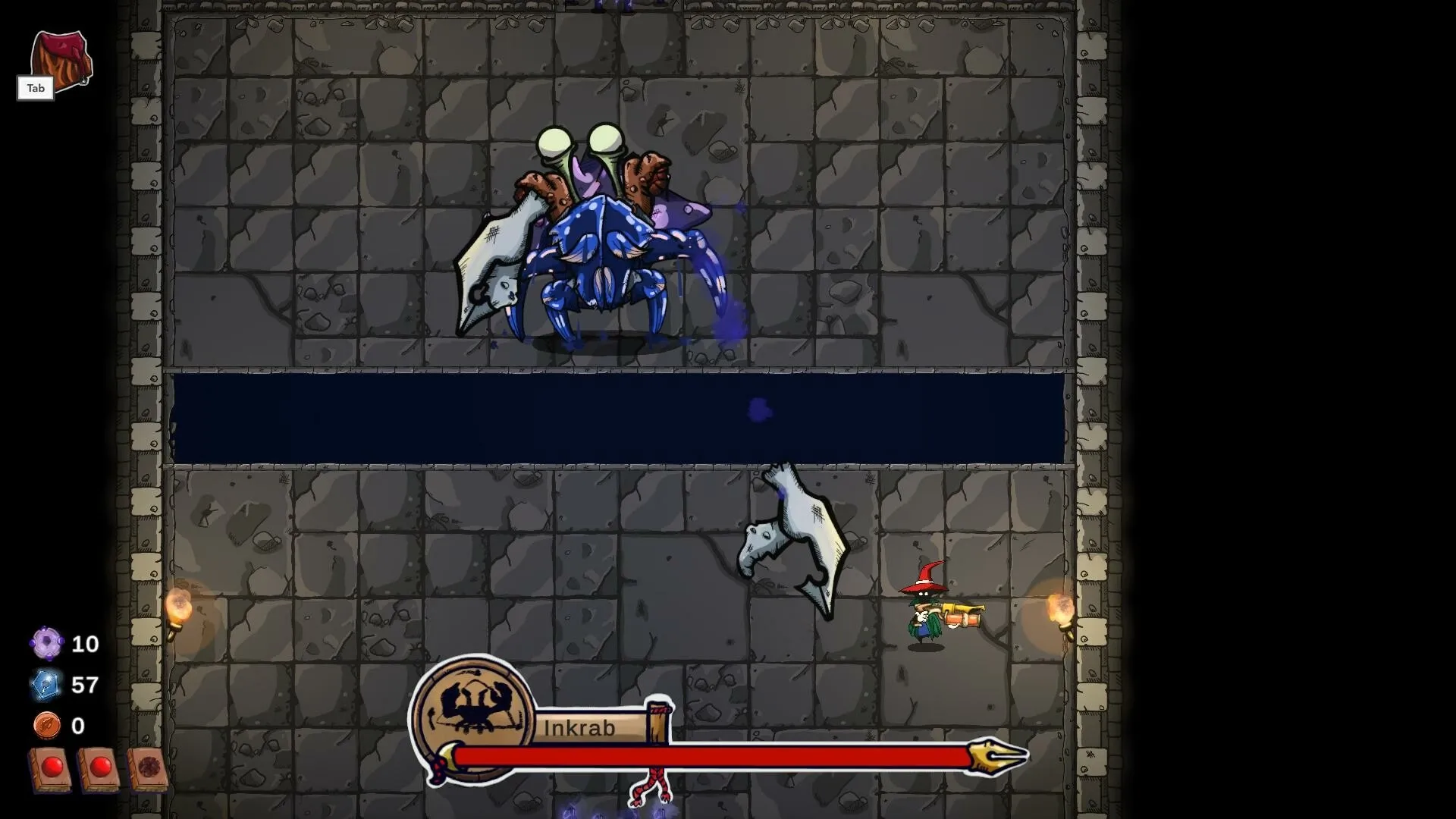 Wish Me Well: Player battles giant Inkab in stone dungeon with health, magic, and item bars displayed.