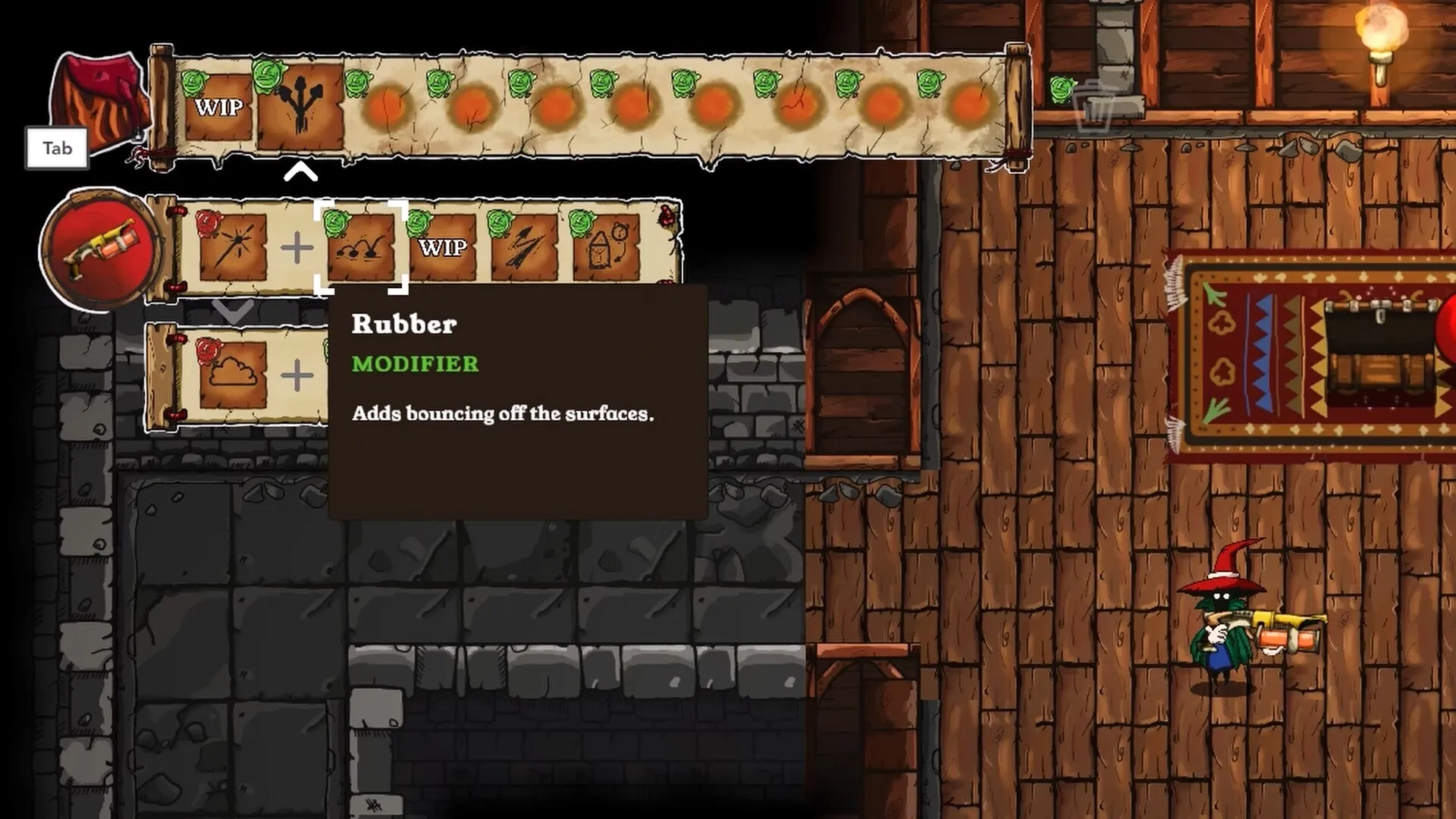 Wish Me Well: Character with red hat in wooden room, crafting gun with scrolls and modifier interface.