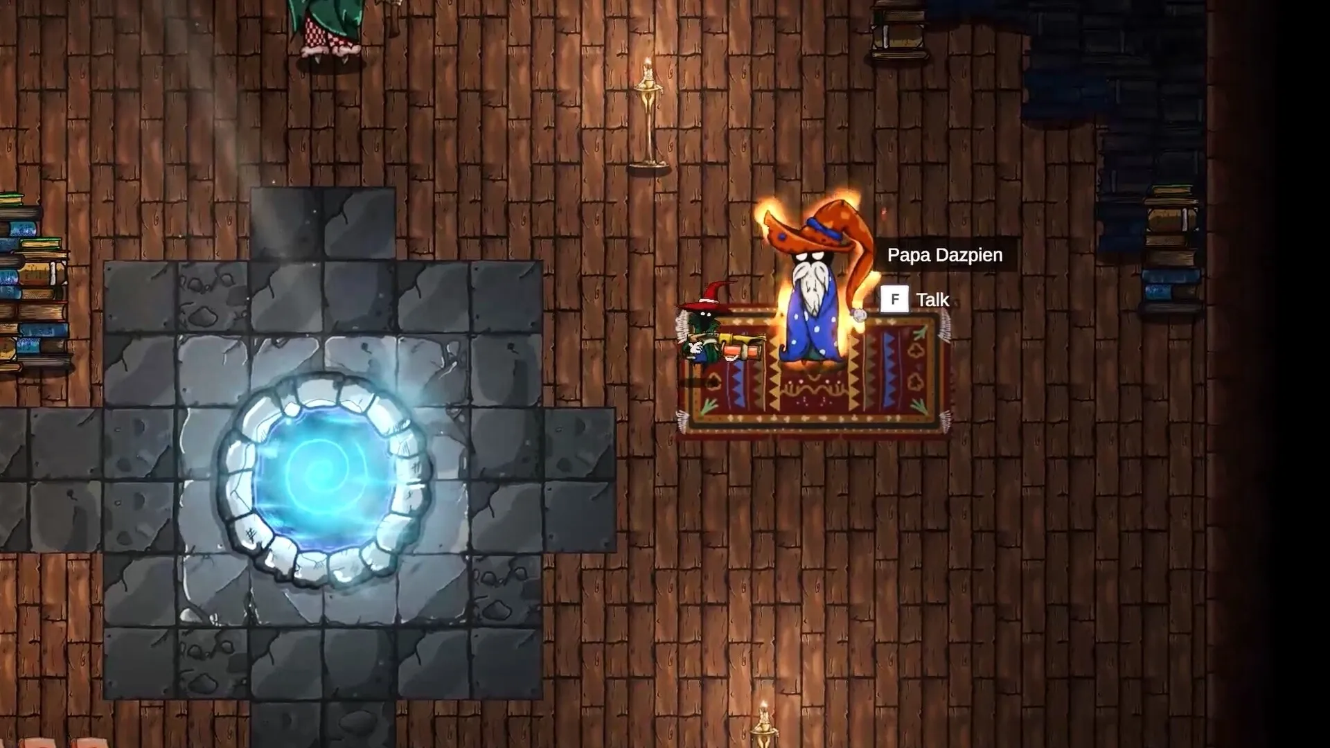 Wish Me Well: Player interacts with Papa Dazpien beside a glowing portal in a wooden-floored room.