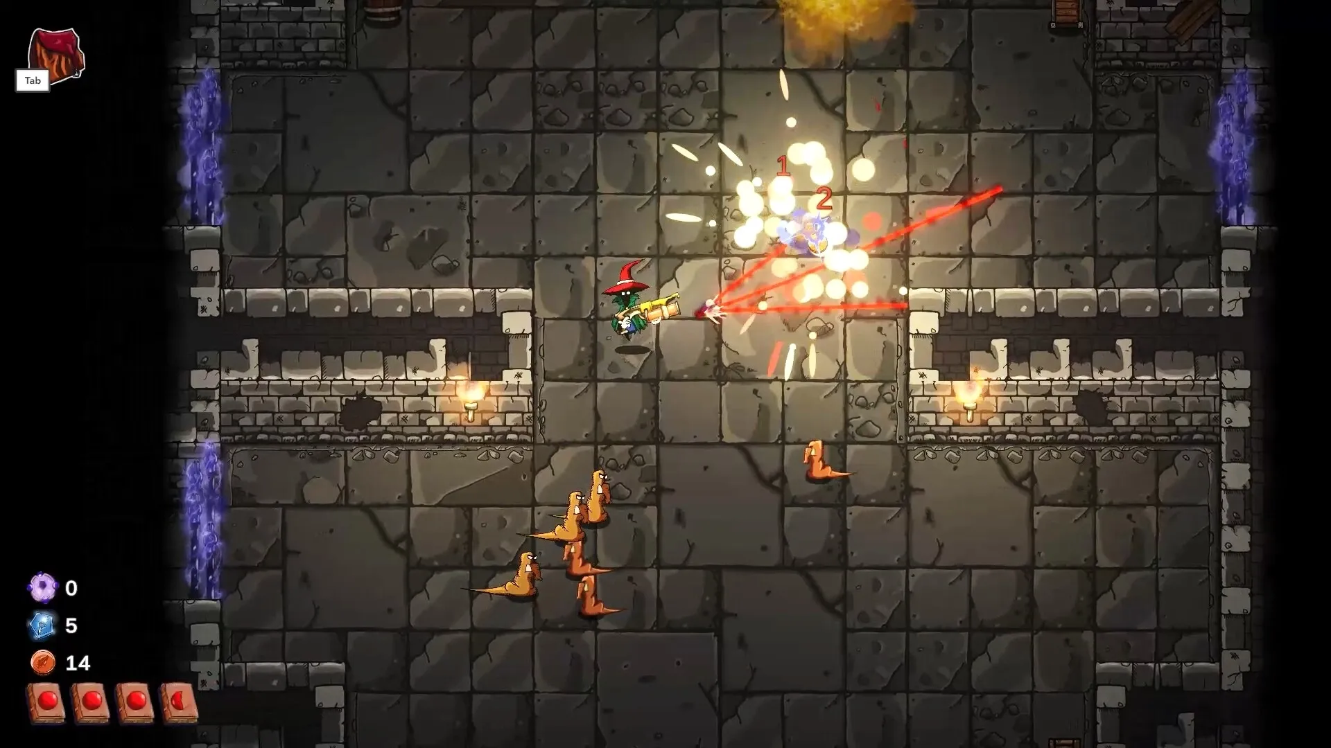 Wish Me Well: Wizard attacking monsters with magic gun in stone dungeon, inventory and stats visible