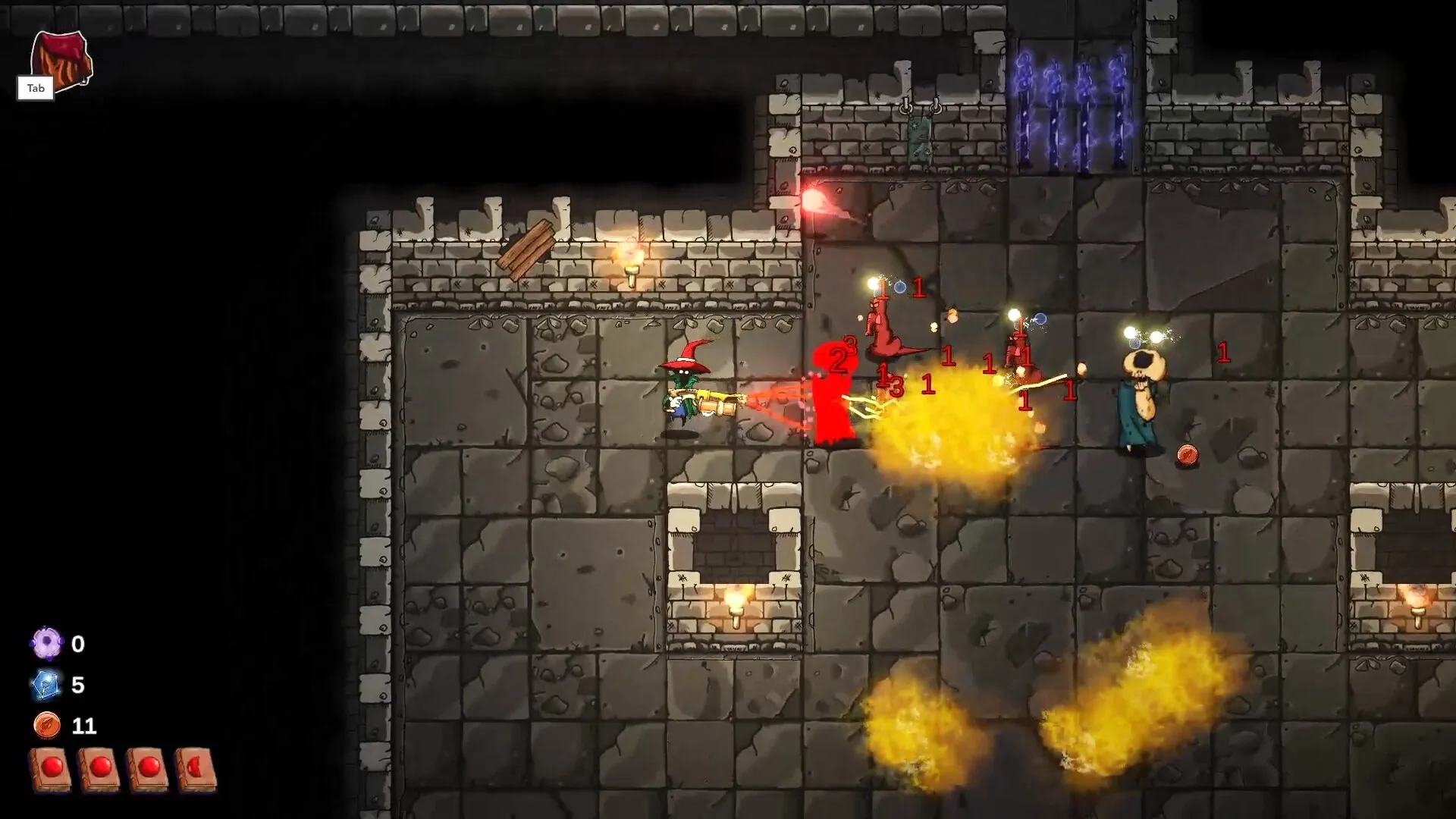 Wish Me Well: Wizard battles red-robed enemies in a stone dungeon with health and spells displayed