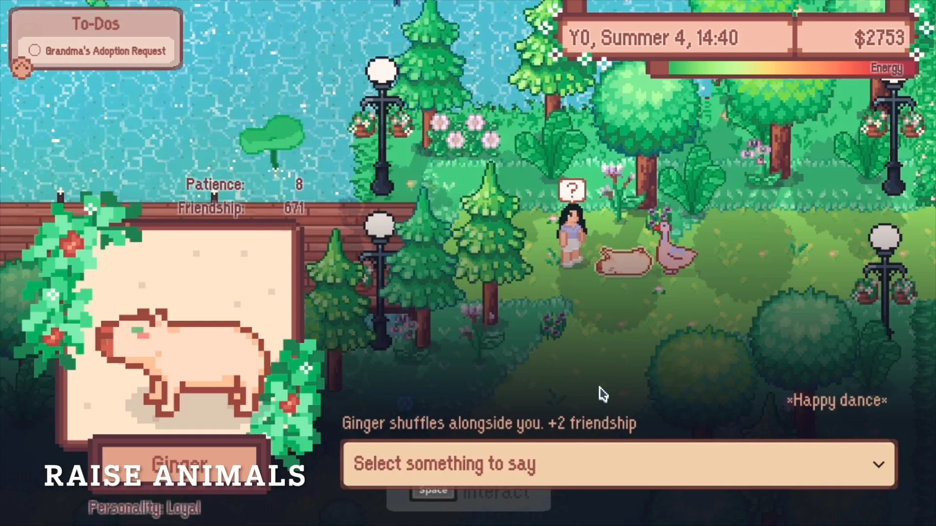 Wish Upon A Llama: Player interacts with animals in a lush forest setting, managing tasks and relationships.