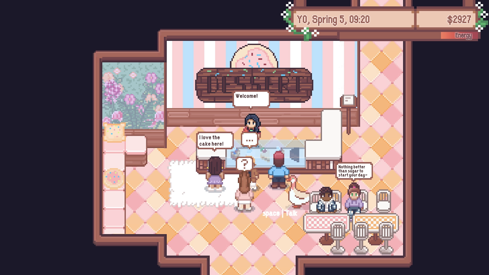 Wish Upon A Llama: Bakery interior with customers chatting and a shopkeeper behind the counter