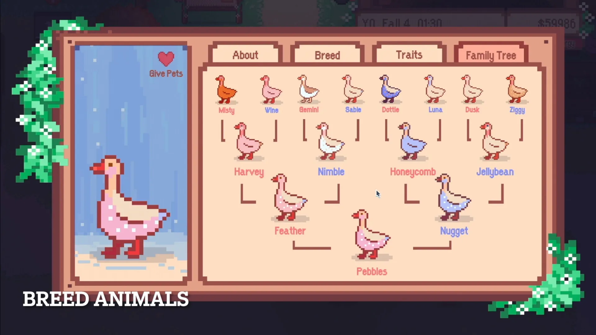 Wish Upon A Llama: Animal breeding menu showing family tree and pet interaction options in gameplay.