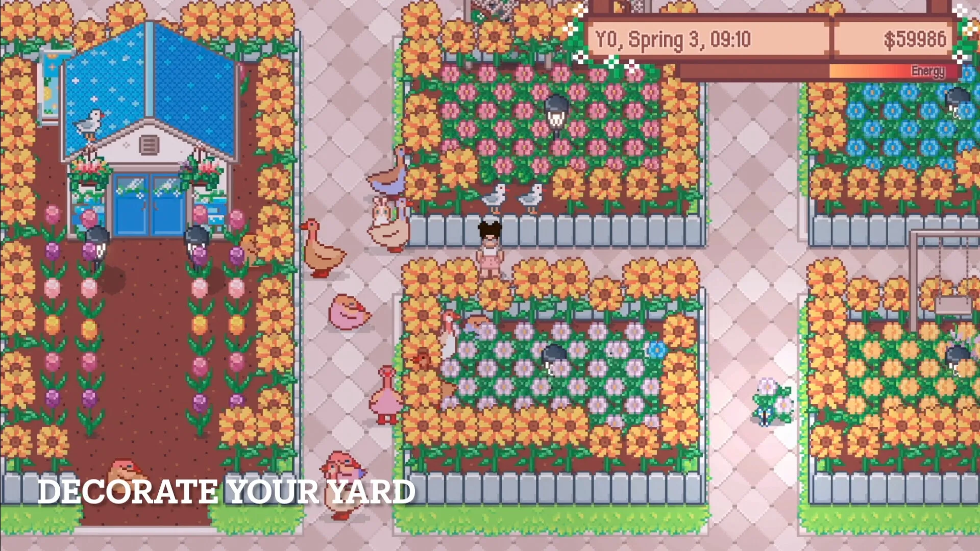 Wish Upon A Llama: Character walks through colorful garden with flowers and animals in Llama Town.