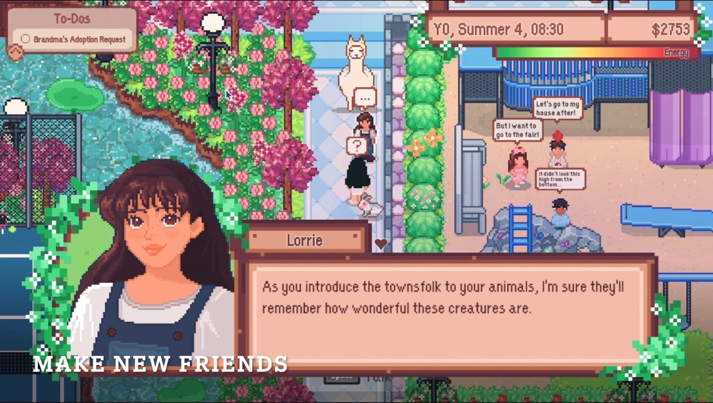 Wish Upon A Llama: Character dialogue with Lorrie in a vibrant park setting with blooming flowers.