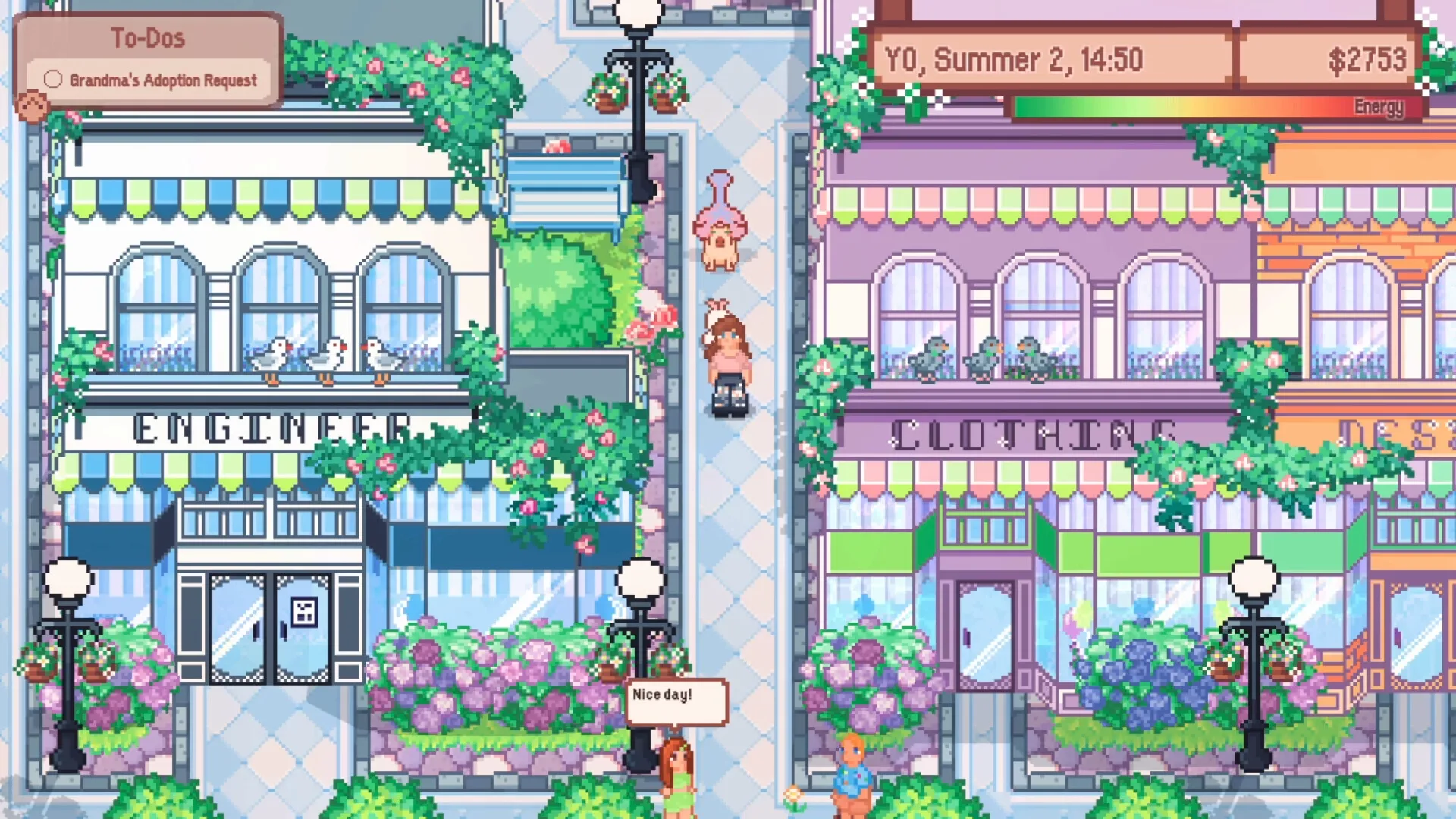 Wish Upon A Llama: Player walks through vibrant town street with shops, greenery, and task list visible