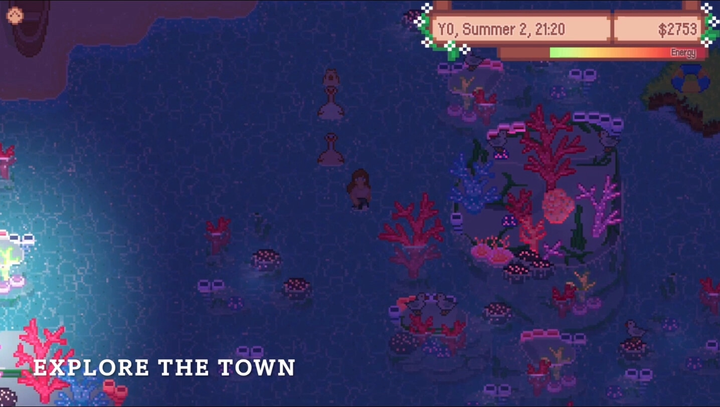 Wish Upon A Llama: Player exploring underwater area with coral, ducks, and energy bar visible
