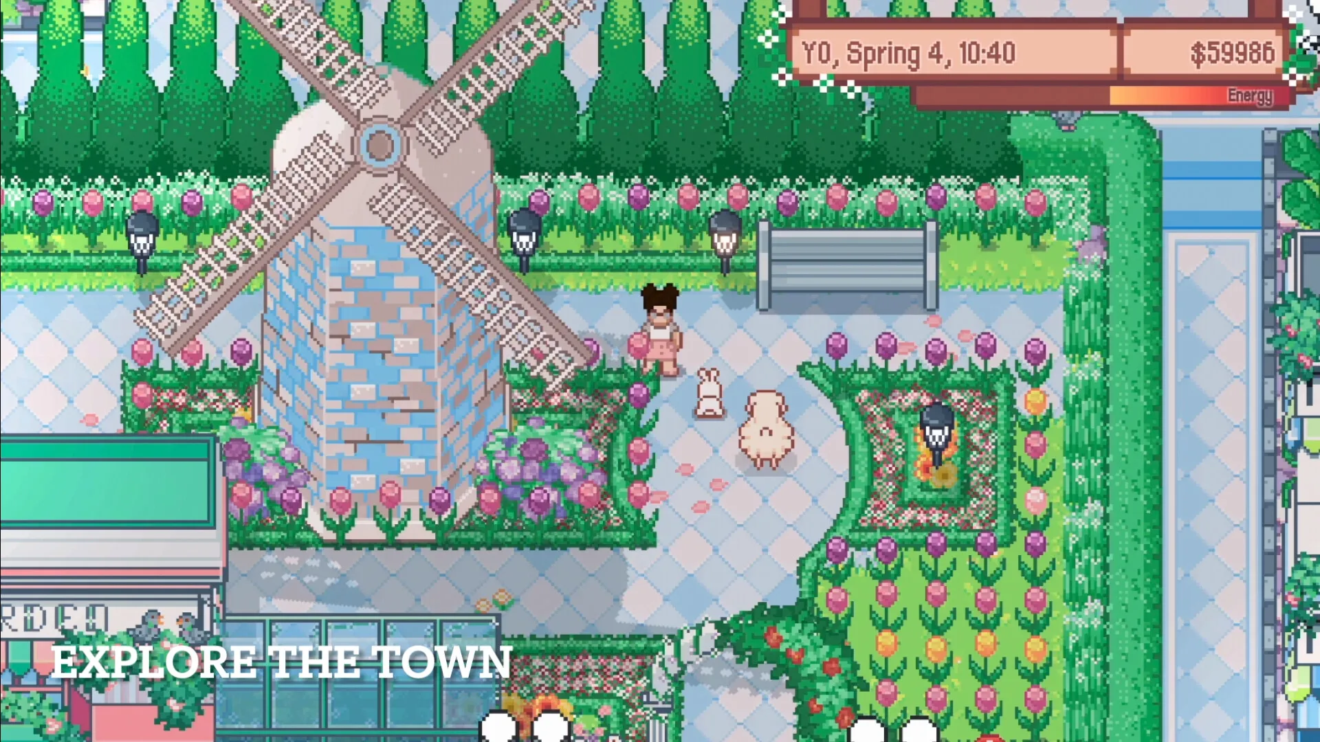 Wish Upon A Llama: Character walks with llama and bunny in a flower-filled garden beside a windmill
