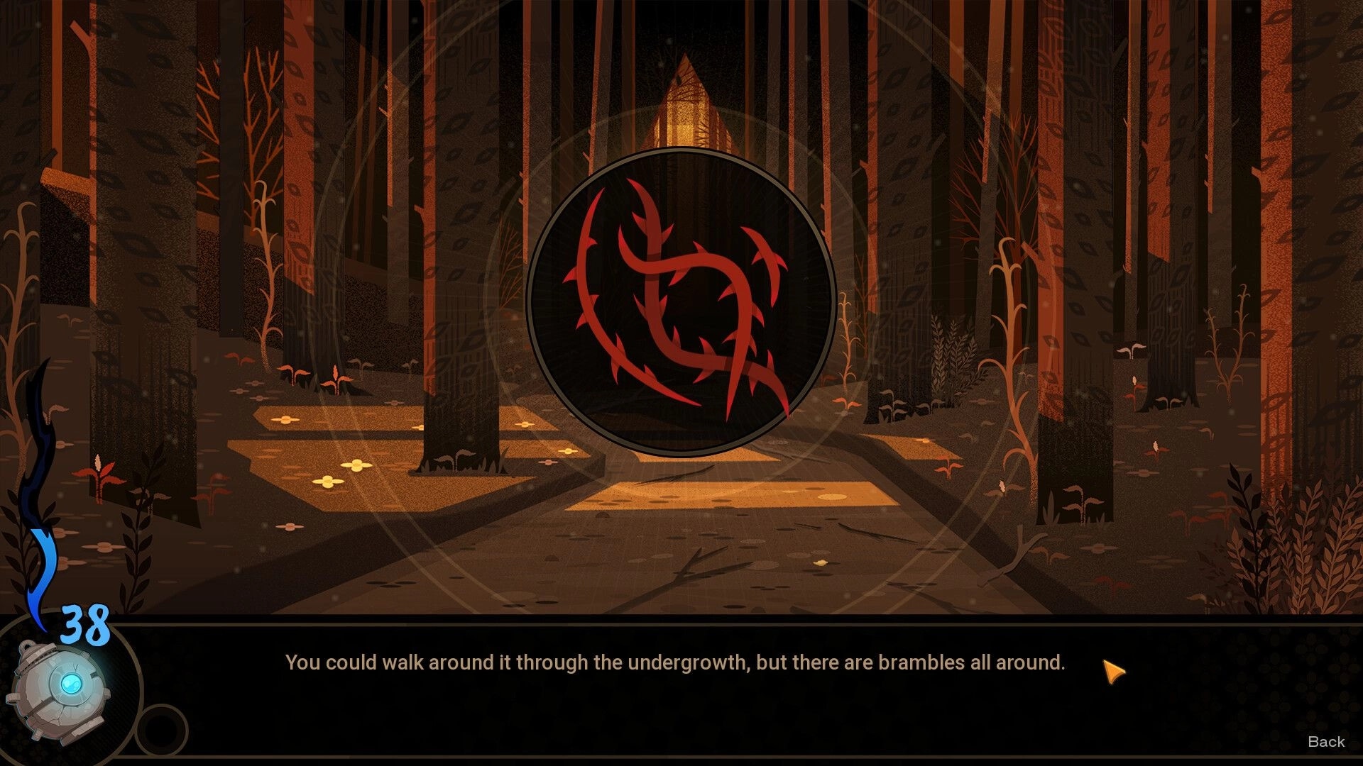 Witchlight Woods: Bramble obstacle icon over forest path with dialogue text bar and cursor below.