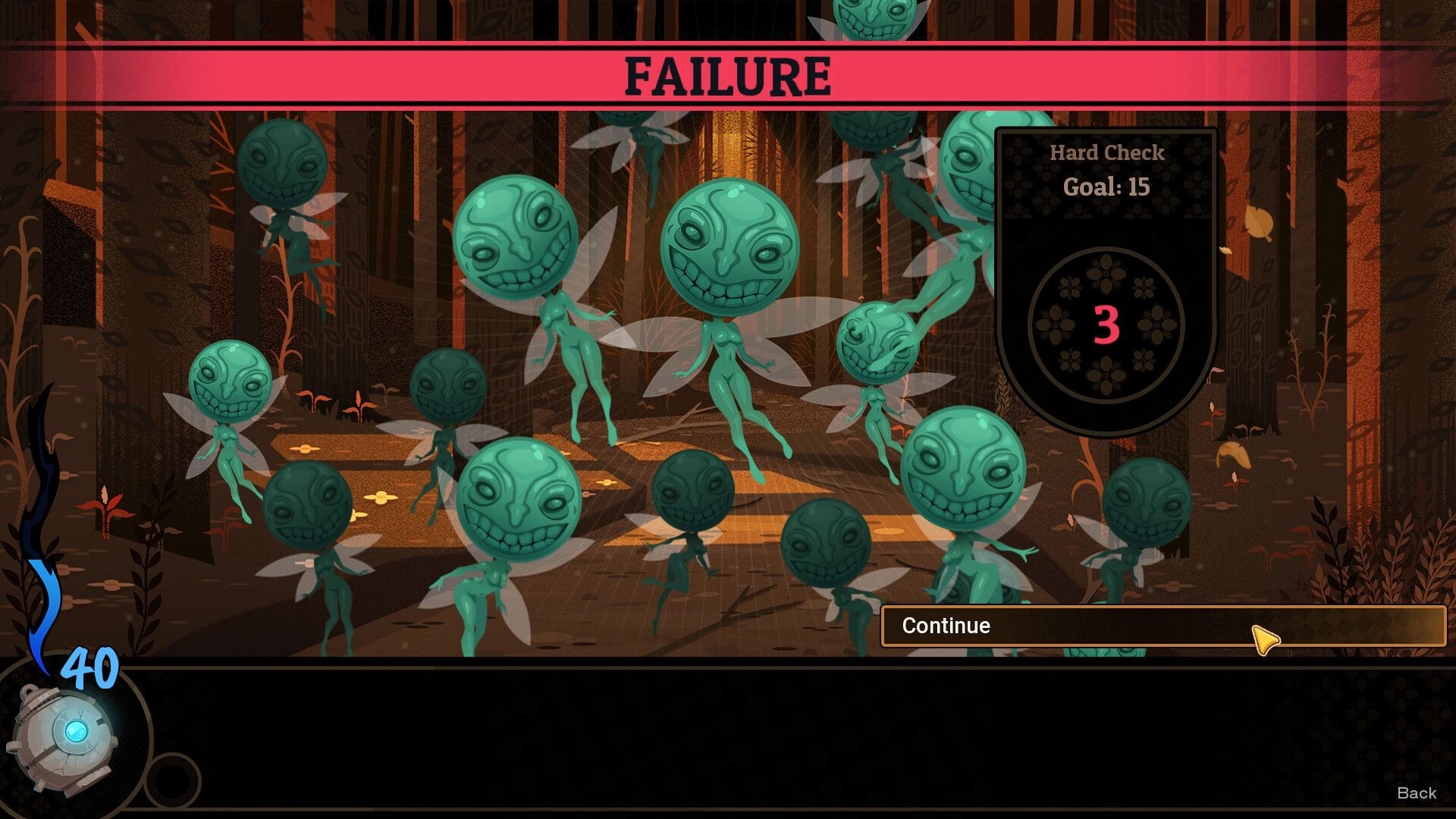 Witchlight Woods: Failure screen after hard check, fairy sprites swarm a dark forest path UI overlay.