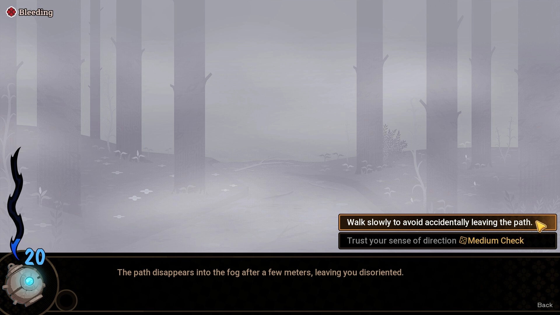 Witchlight Woods: Choice prompt to walk slowly or trust direction on a foggy forest path UI.
