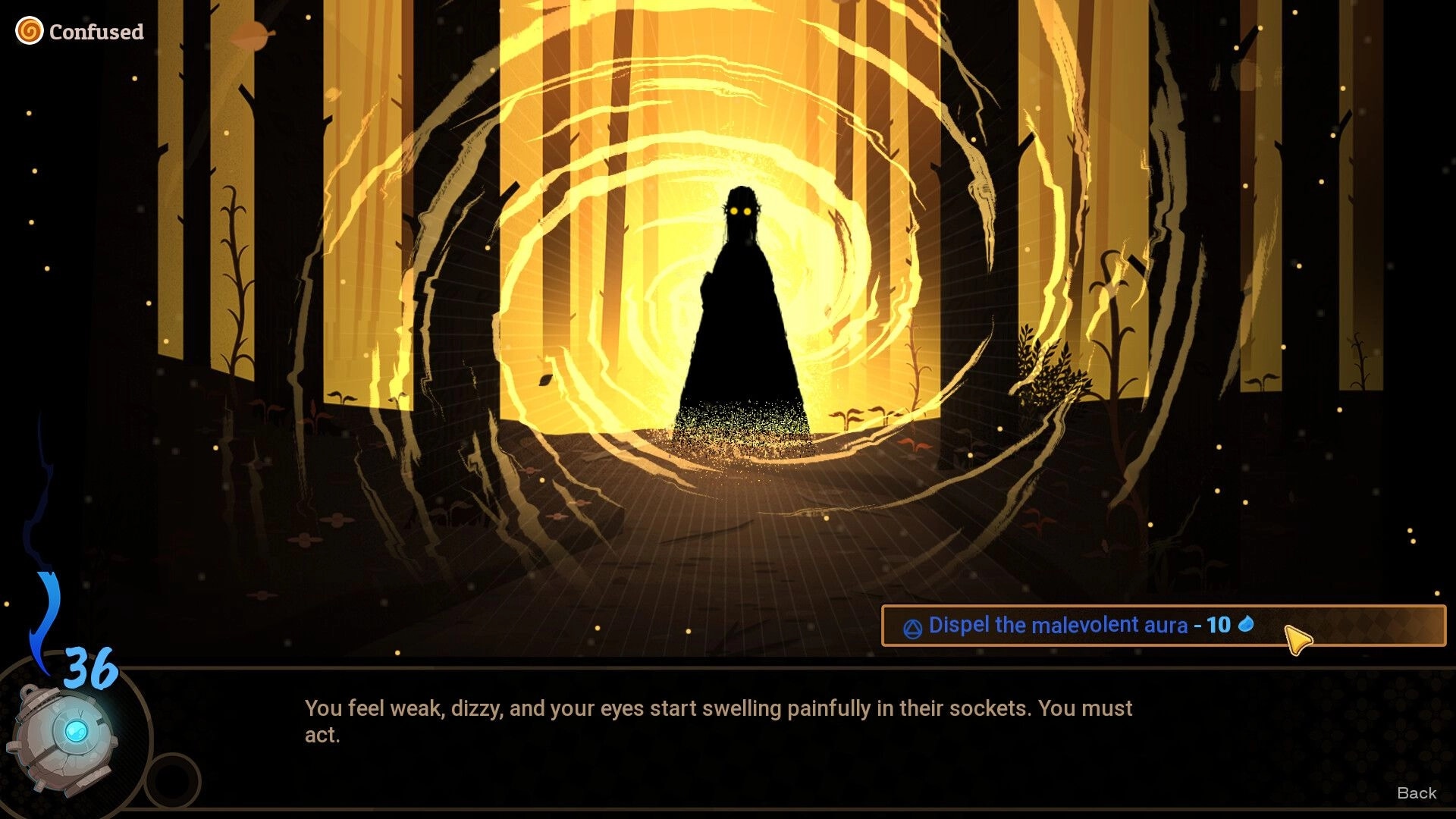 Witchlight Woods: Shadowy figure with glowing eyes amid swirling aura in a forest choice prompt UI.