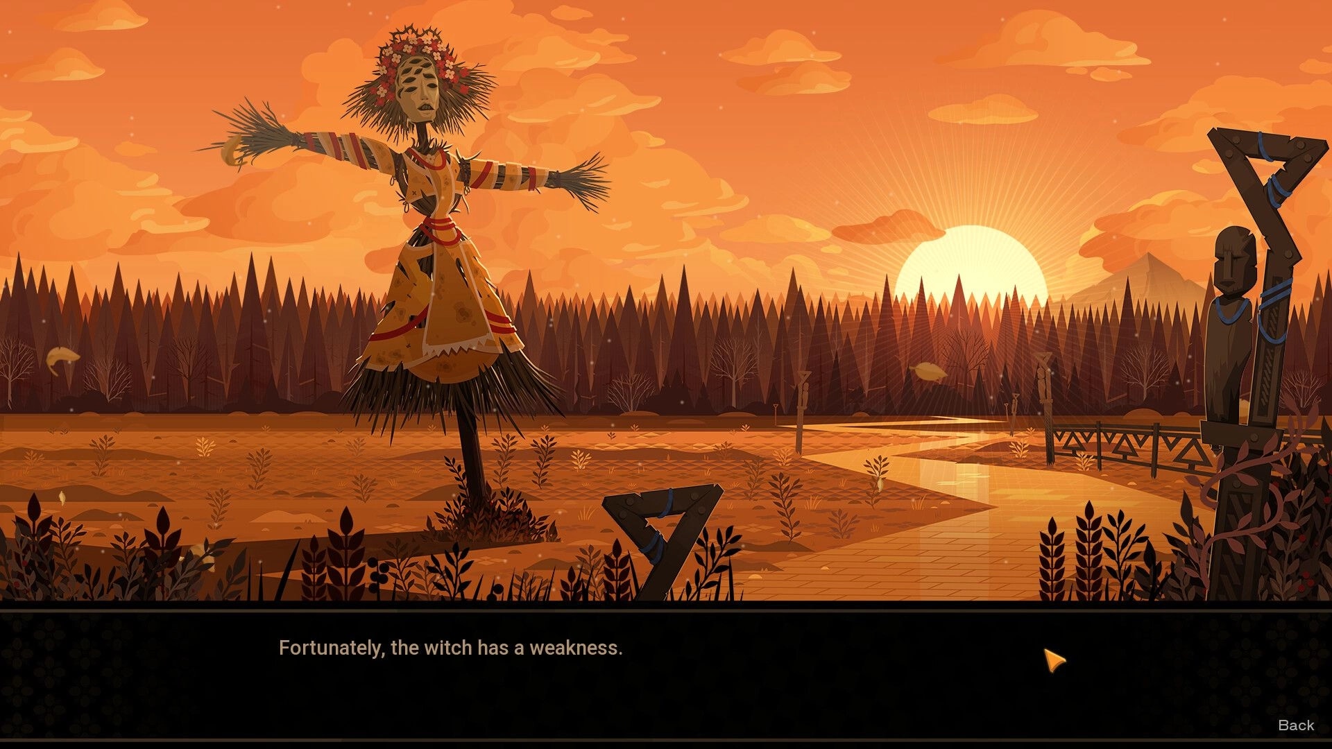 Witchlight Woods: Dialogue text about witch weakness beneath scarecrow at sunset in orange forest field.