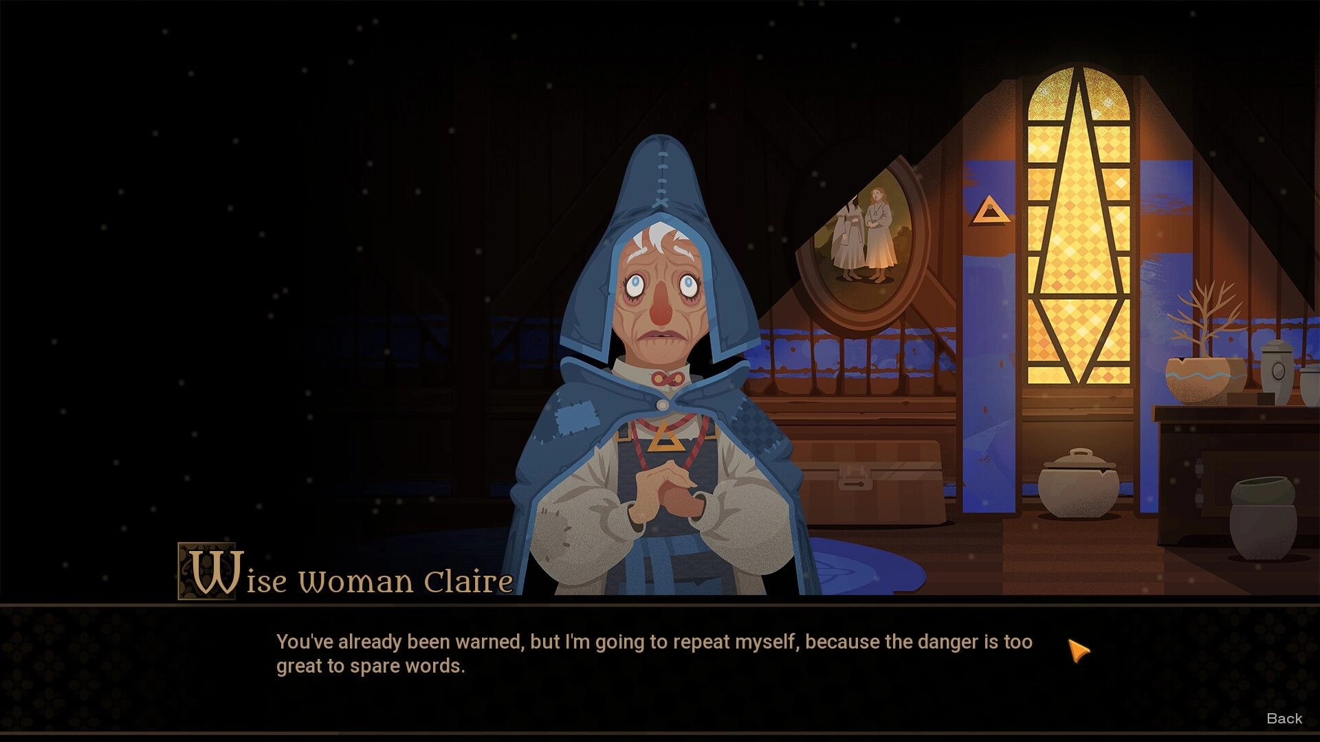 Witchlight Woods: Dialogue with Wise Woman Claire in a cabin room, warning text and Back button UI.