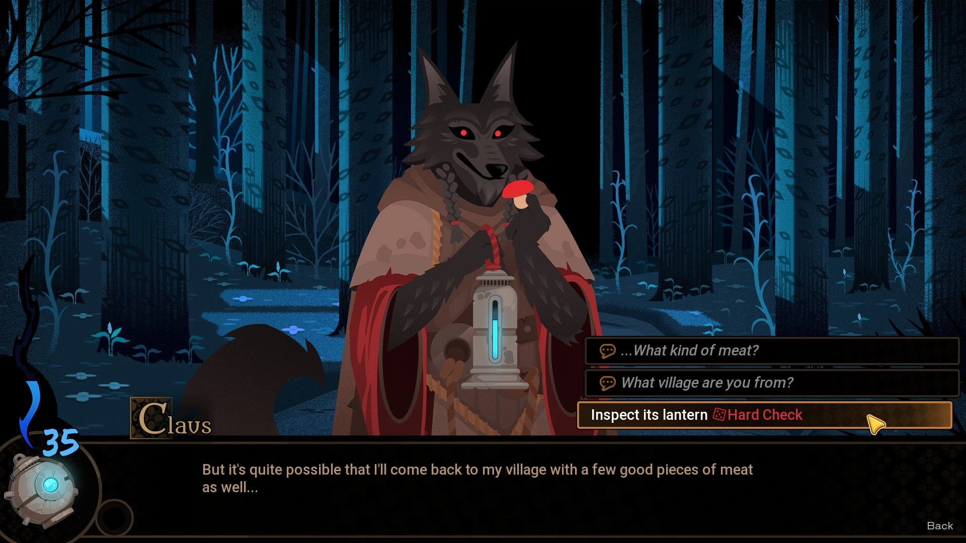 Witchlight Woods: Dialogue choices with Claus the wolfman holding a lantern in a dark blue forest.