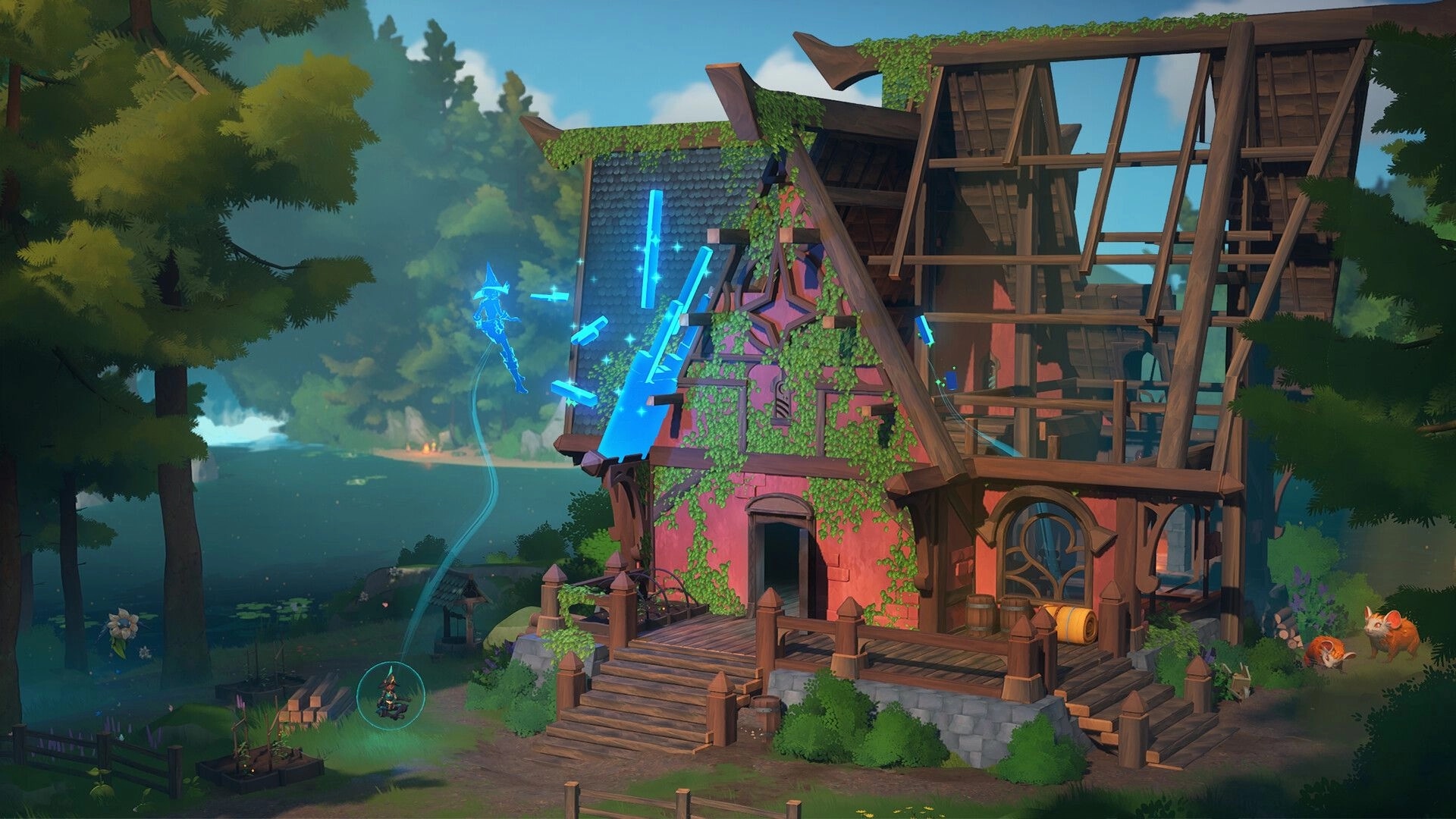 Witchspire: Witch conjures house repair spell near forest with creatures exploring the surroundings