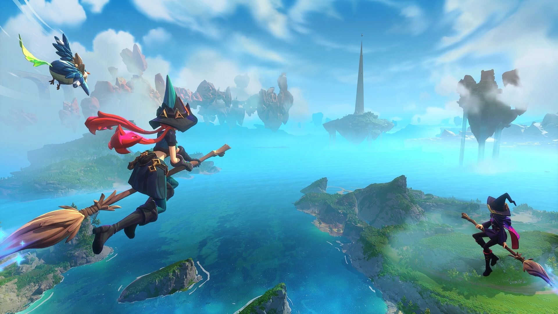 Witchspire: Witches flying on broomsticks over vast magical islands with floating rocks and towers.