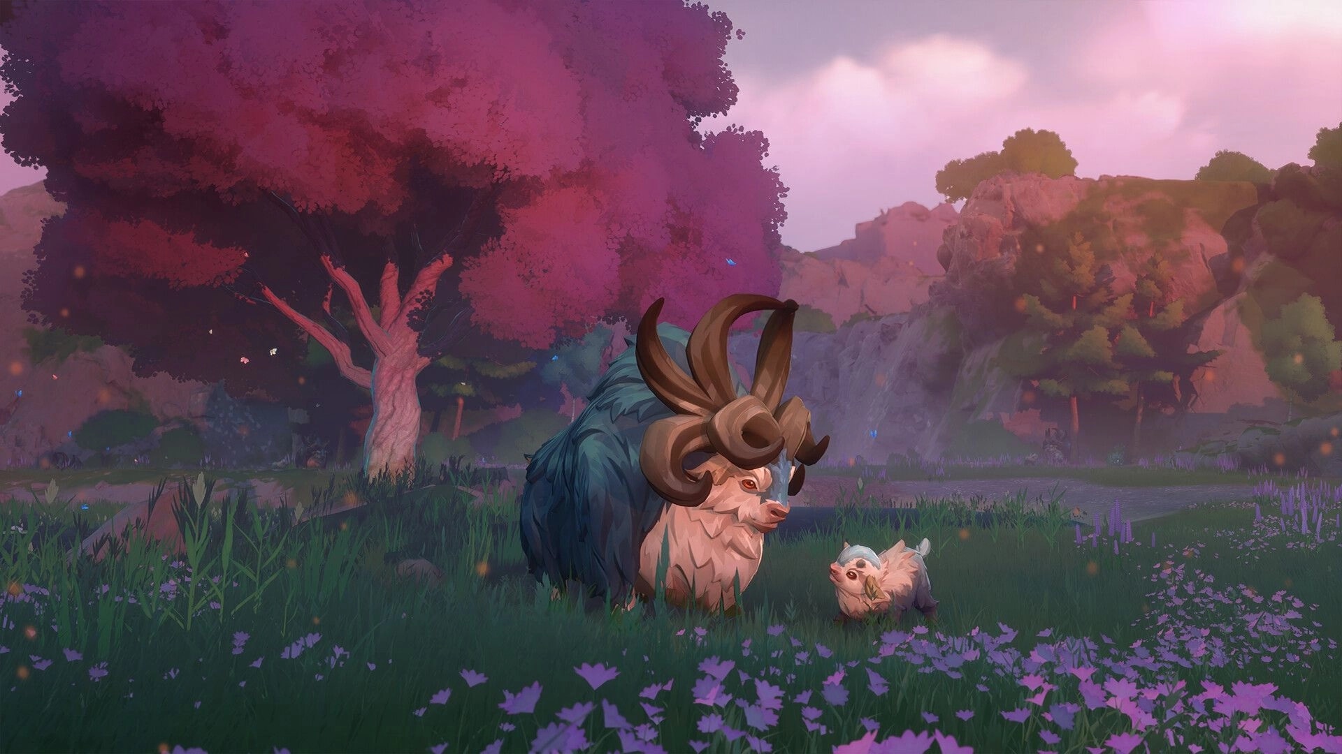 Witchspire: Two mystical creatures in a lush meadow with vibrant trees under a pink-hued sky.