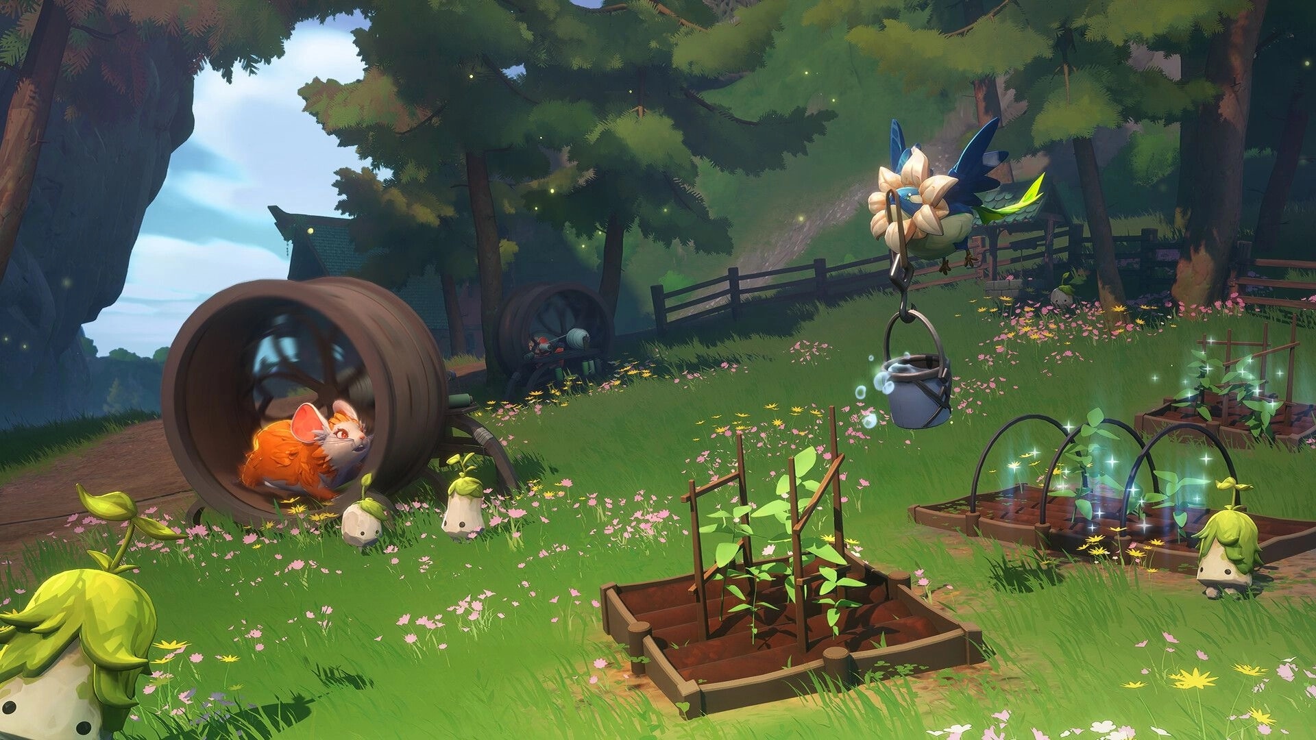 Witchspire: Gardening area with magical plants, a creature in a barrel, and a bird carrying a bucket.