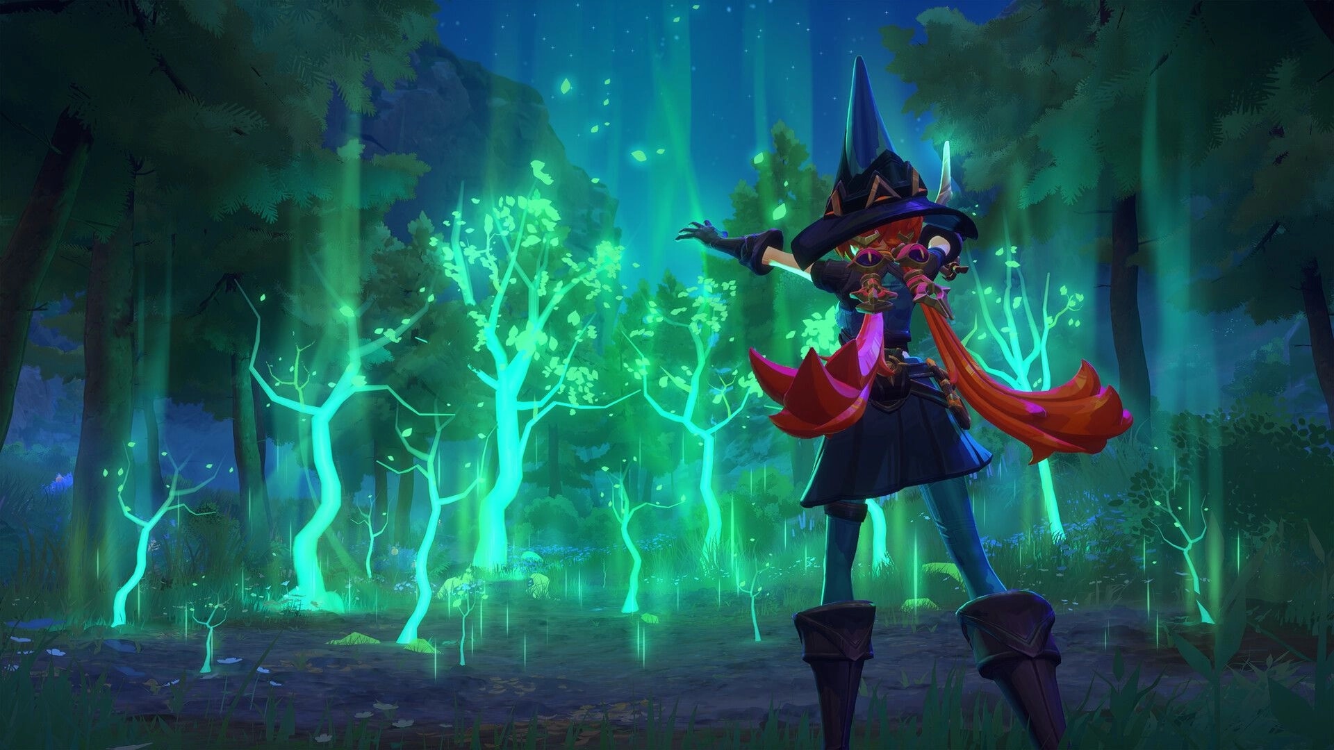 Witchspire: Witch casting spell among glowing trees in an enchanted forest at night.