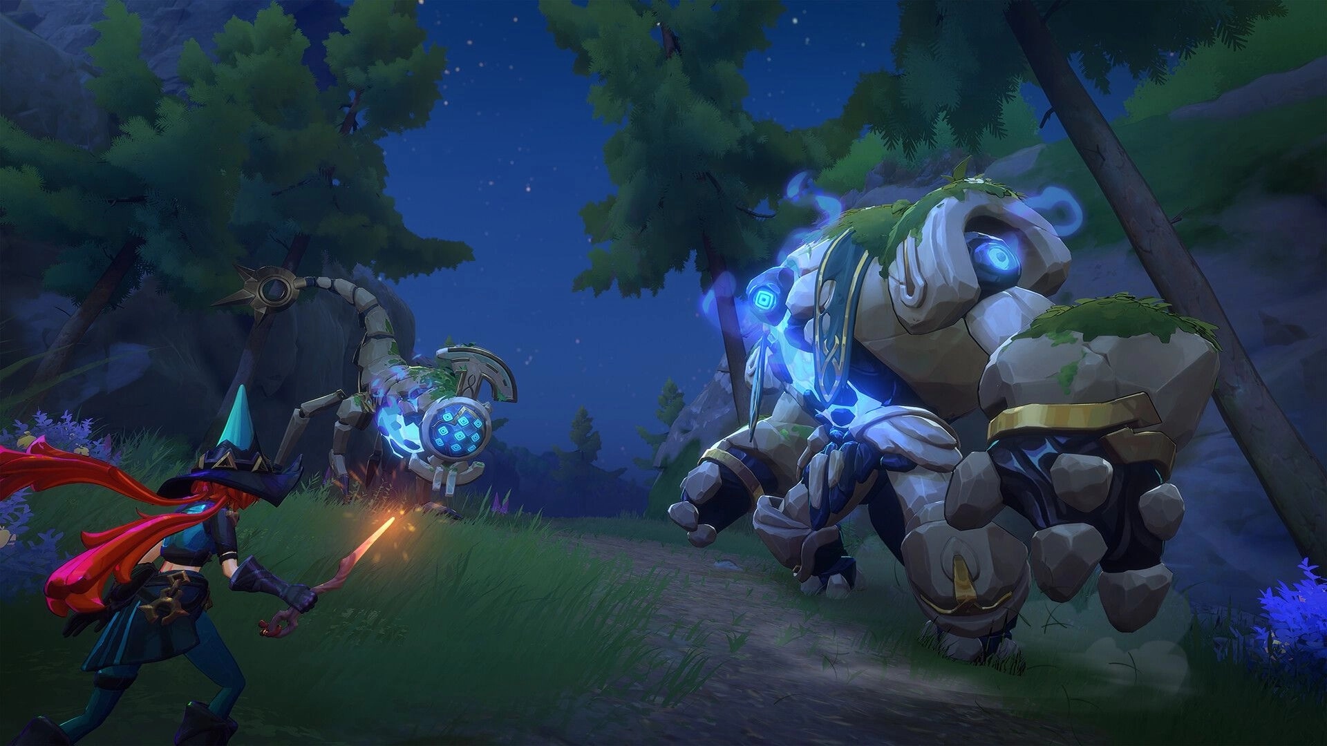Witchspire: Witch wielding wand battles two magical golems in a moonlit forest setting