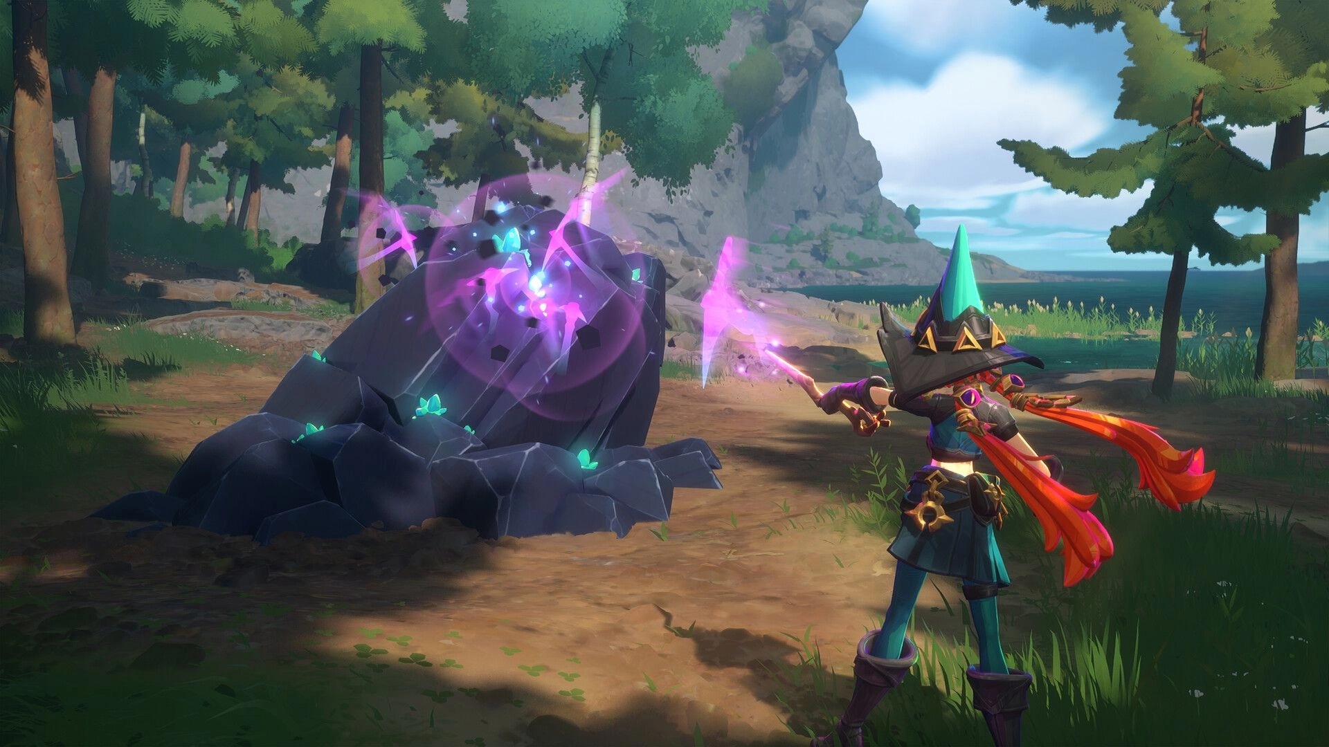 Witchspire: Witch casting spell at glowing rock in forest clearing near mountain and river.