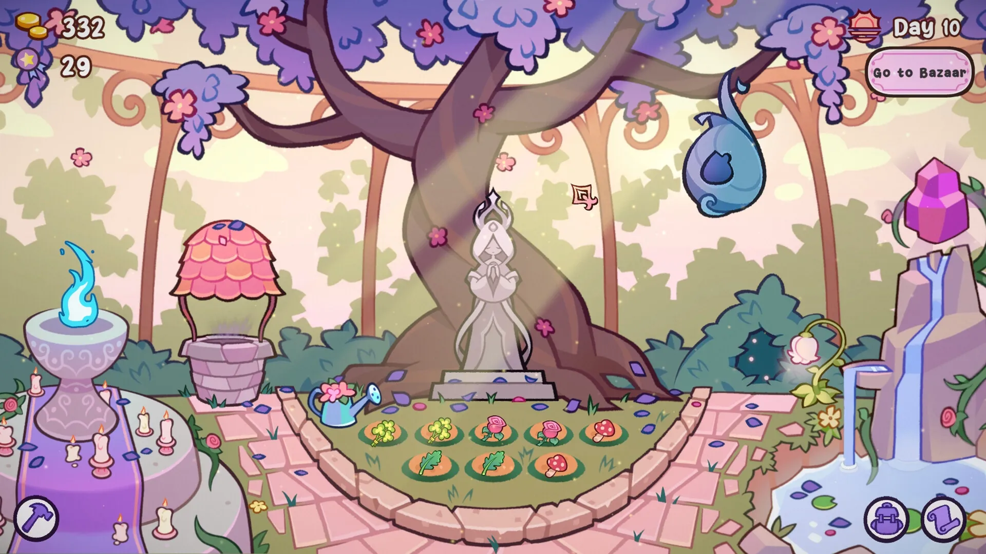 Witchy Business: Enchanted garden with statue, colorful plants, and mystical items under a magical tree