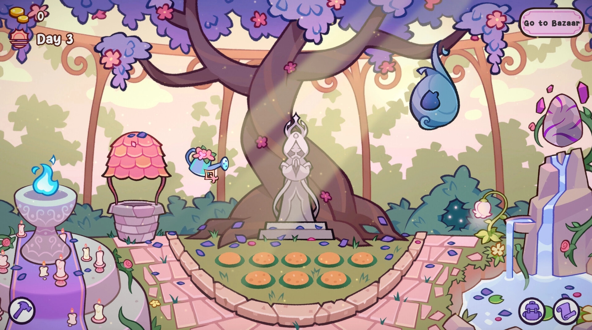 Witchy Business: Garden with potion well, tree, flowerbeds, and watering can icon on day three